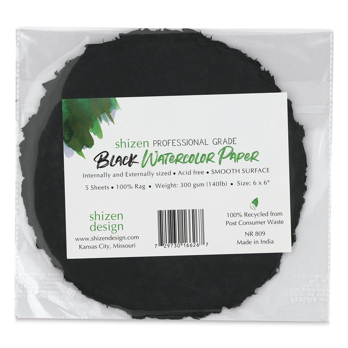 Shizen Black Watercolor Paper - 6" Round, Hot Press/Smooth, 5 Sheets in package