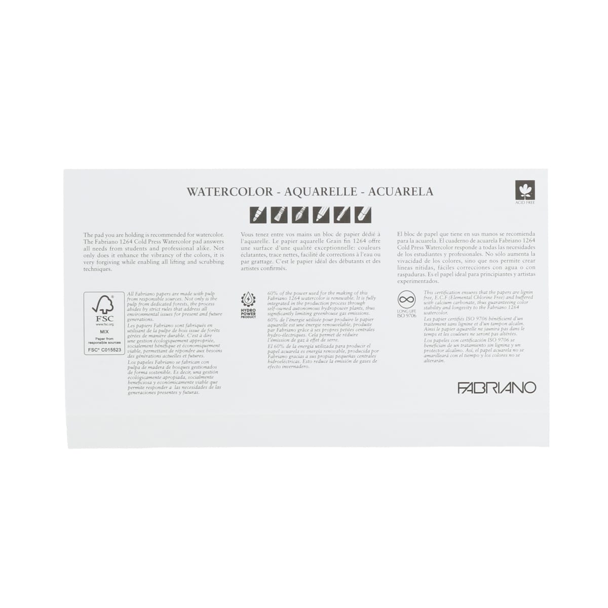 Fabriano 1264 Watercolor Pad, Glue Bound, 4”x8”, 140 lb, 30 Sheets, 100% Alpha-Cellulose, Wet Media