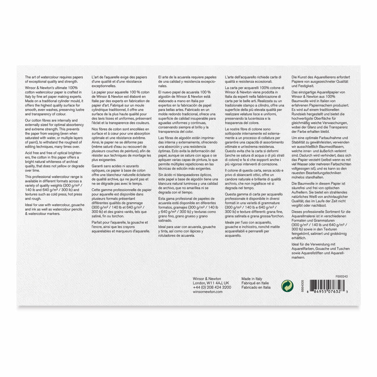 Winsor & Newton Professional Watercolor Block - 7" x 10", Hot Press (back of block)