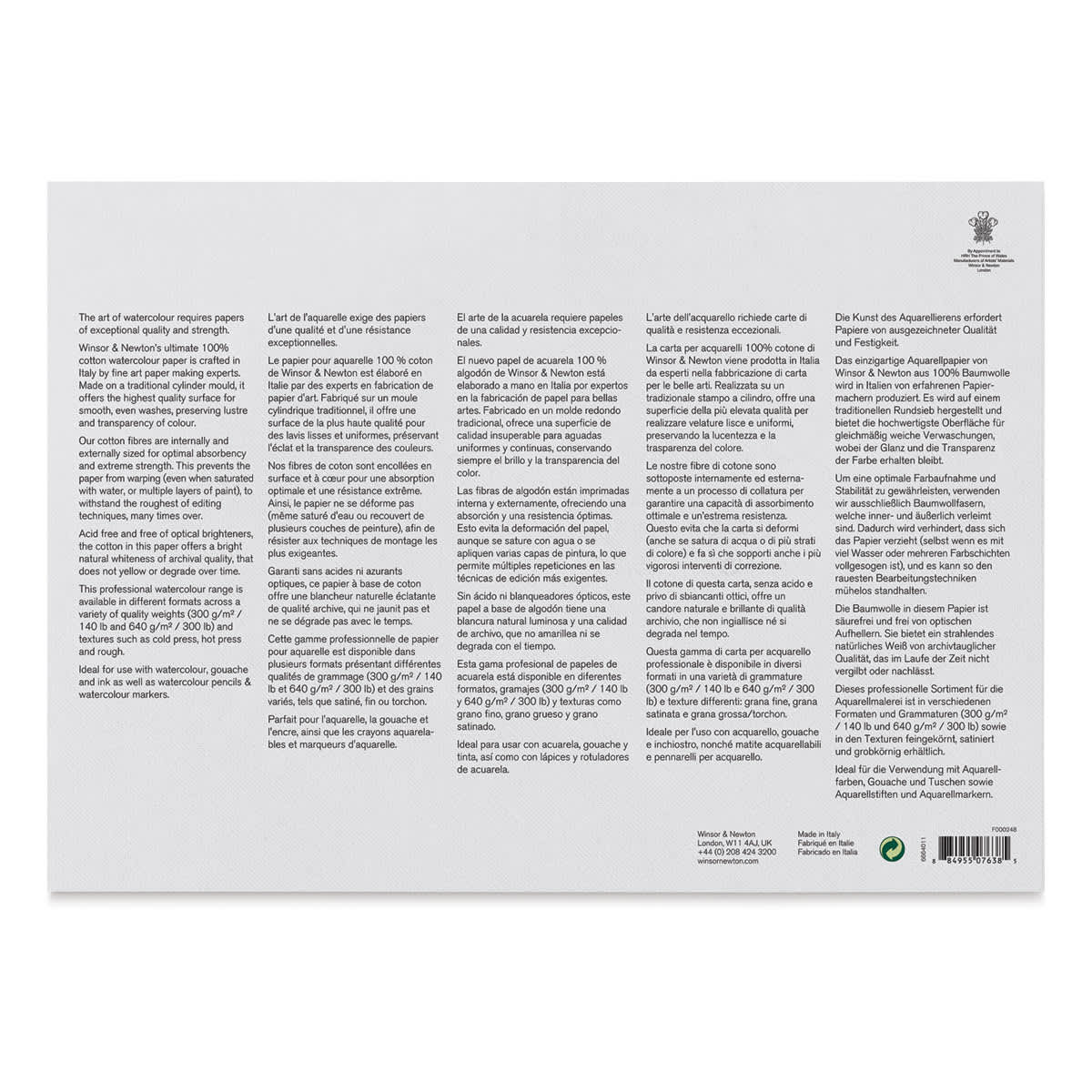 Winsor & Newton Professional Watercolor Block - 10" x 14", Rough Press (back of block)