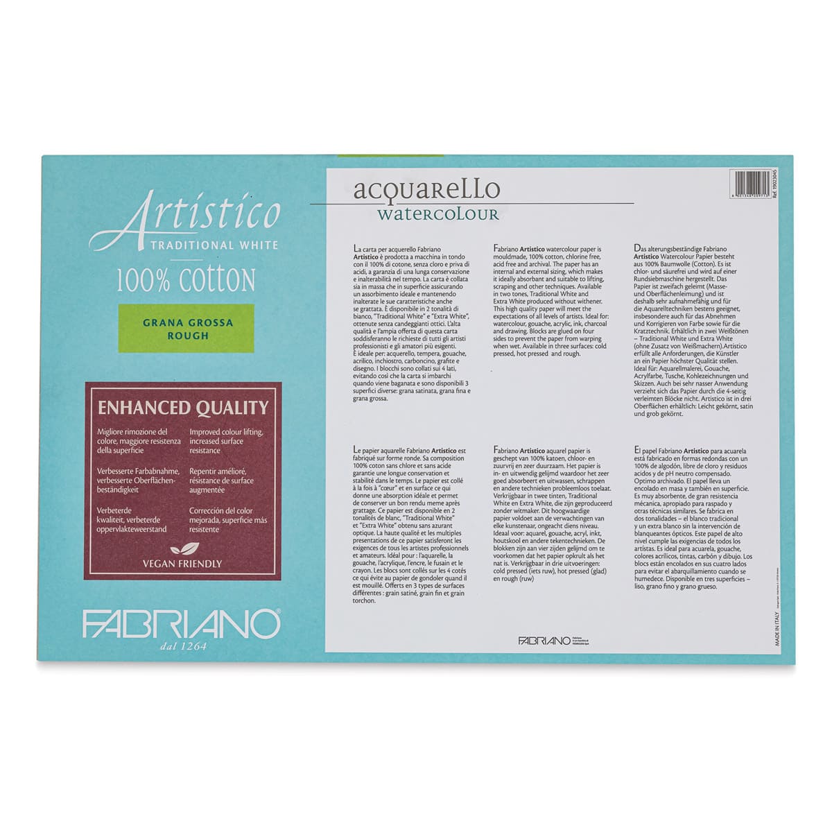Fabriano Artistico Enhanced Watercolor Block - Traditional White, Rough Press, 12" x 18" (back)