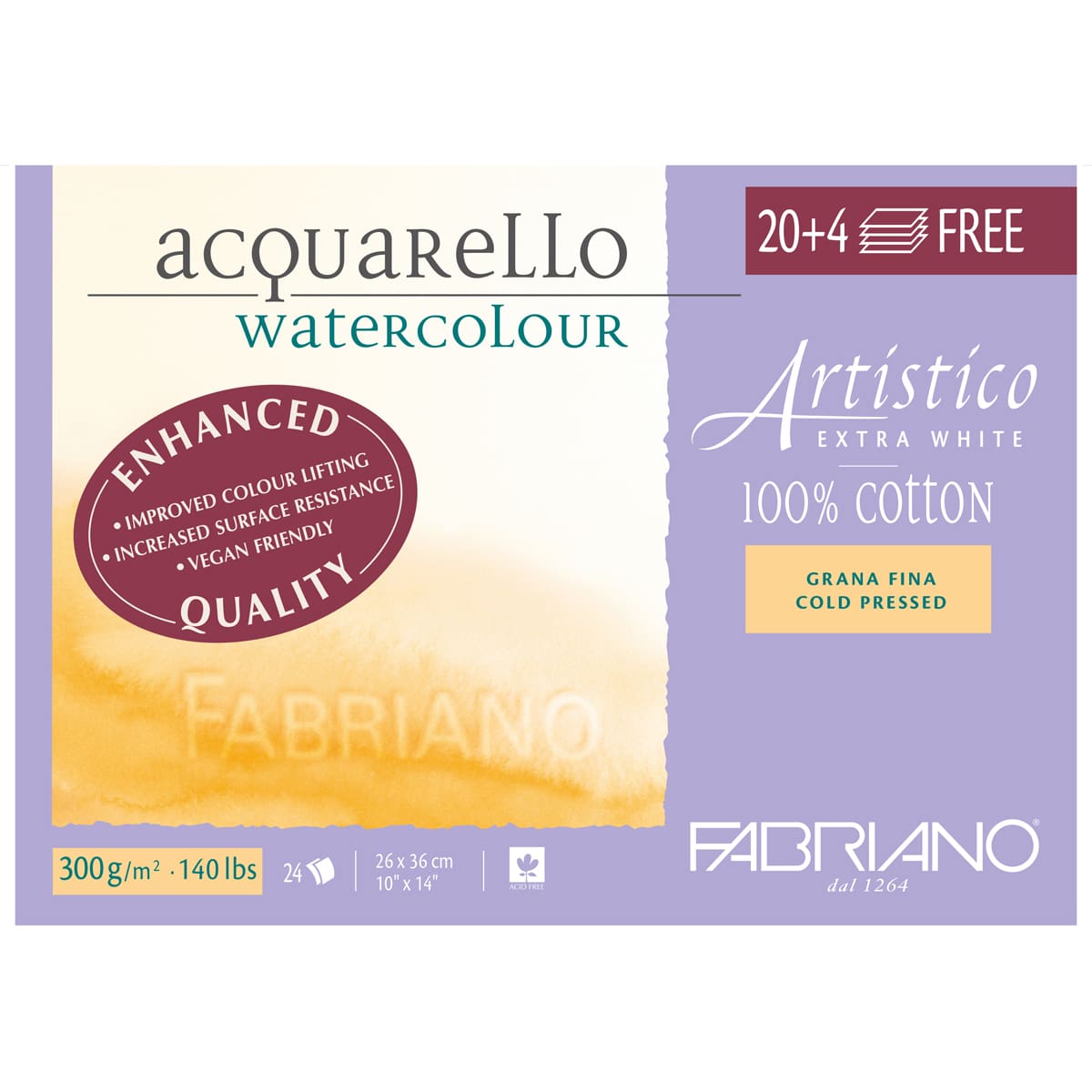 Fabriano Artistico Watercolor Paper, 10 x 14 in, Extra-White, Acid-Free, Cotton, 4 Free Sheets Included