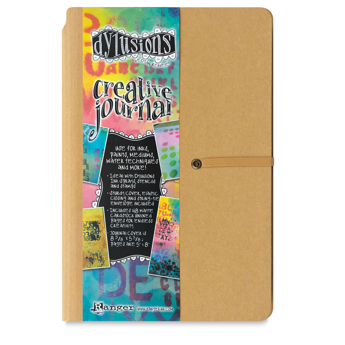 Ranger Dylusions Creative Journal - Front cover showing label and elastic cord closure
