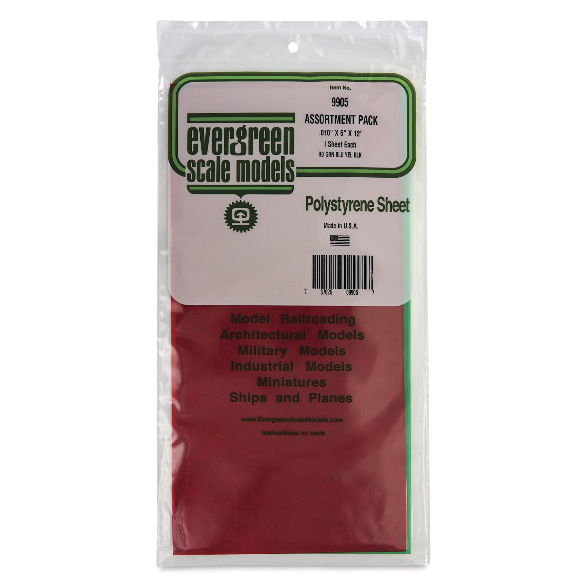 Evergreen Transparent Colored Polystyrene Sheets - Assorted, 6" x 12", 0.010" Thick, Pkg of 5, front of packaging