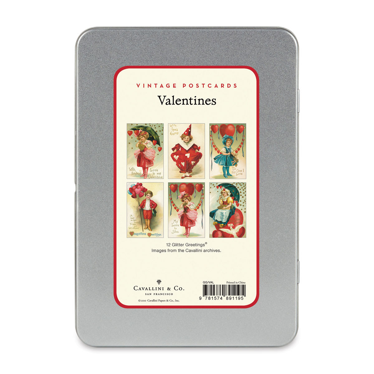 Cavallini Vintage Valentines Postcards - Set of 12, Children (Back of tin showing the six card images)