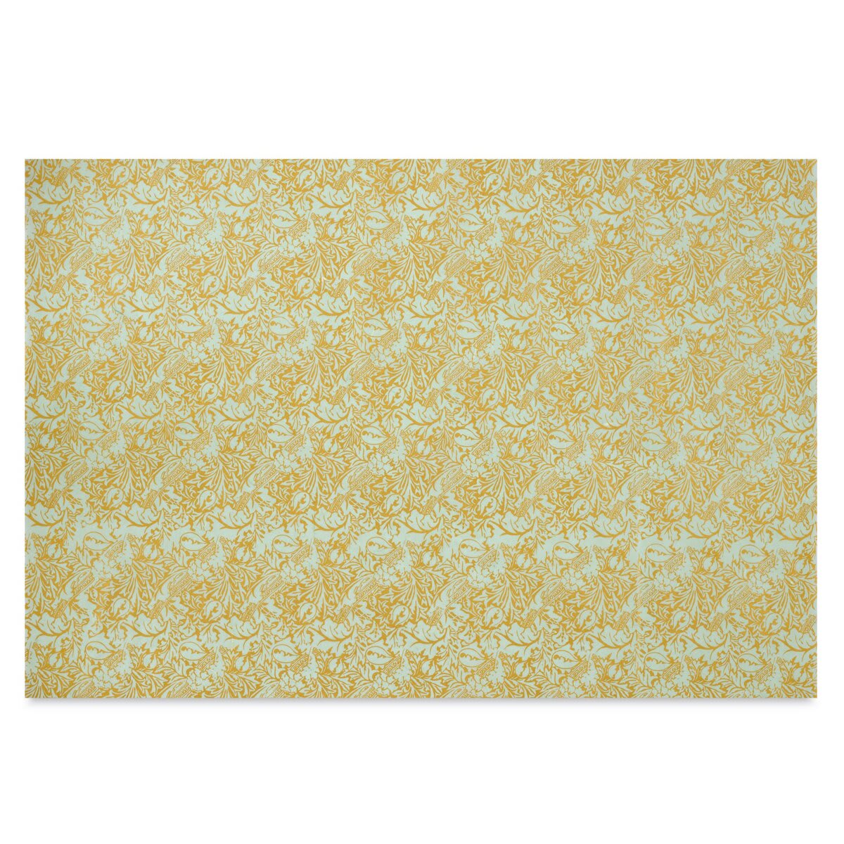 Black Ink Screenprinted Mulberry Paper - Full sheet of Green with Gold Ribbon and Leaves design