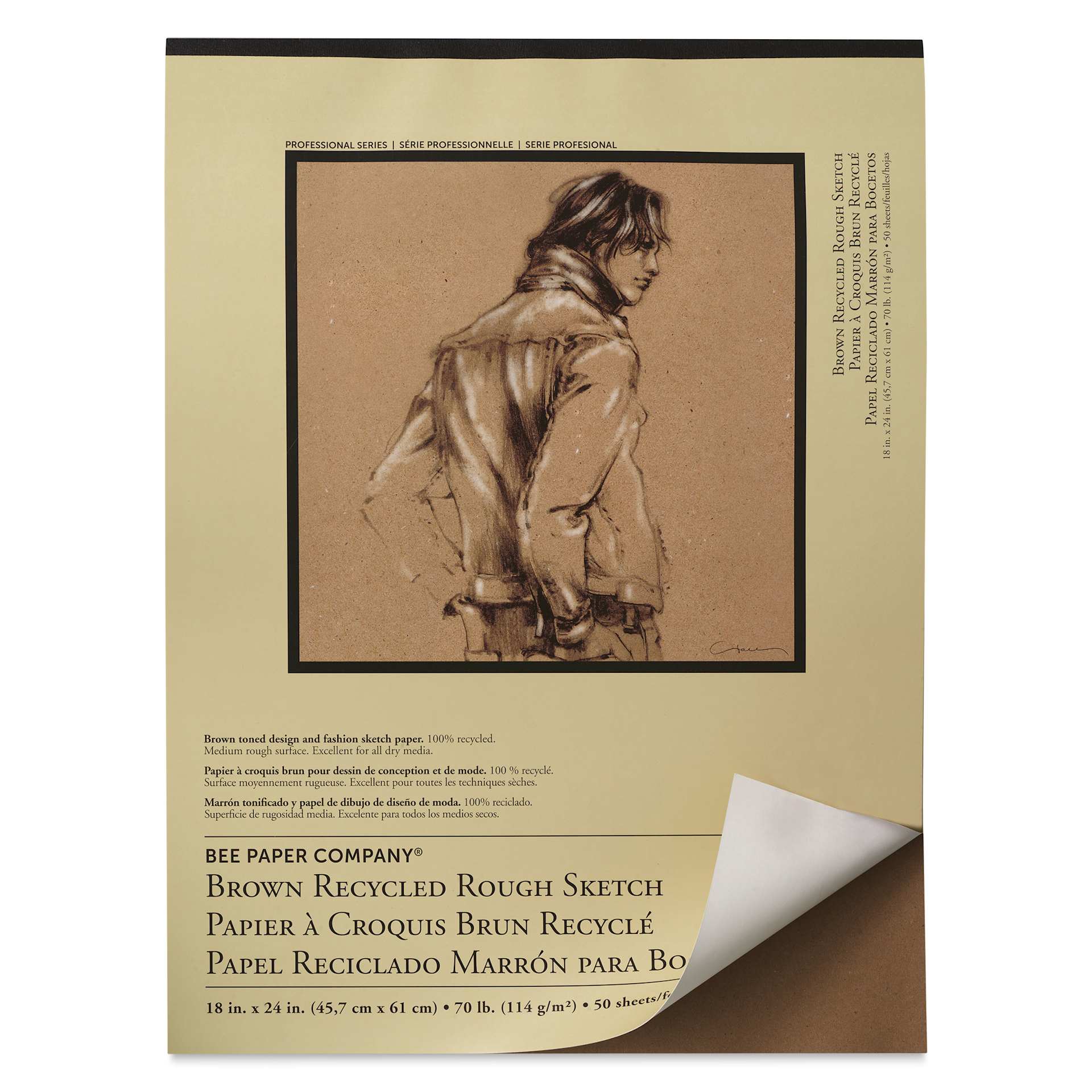 Bee Paper Brown Recycled Rough Sketch Pad - 18" x 24", front cover lifted showing interior sheet