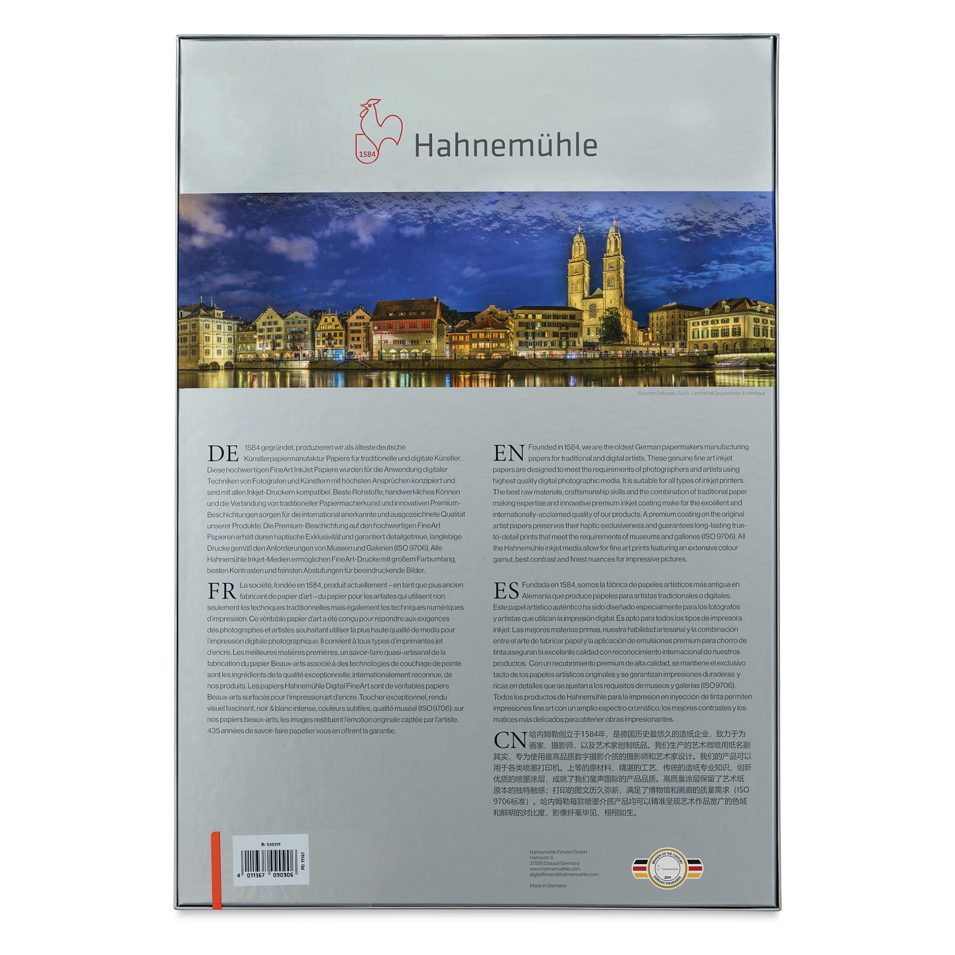 Hahnemuhle William Turner Inkjet Paper - 13" x 19", Deckle Edge, 25 Sheets, back of package