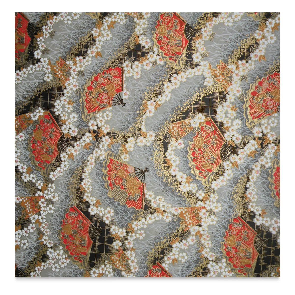 Aitoh Japanese Decorative Paper - White Flowers, Black/Gold, 31-1/2" x 21-1/2"
