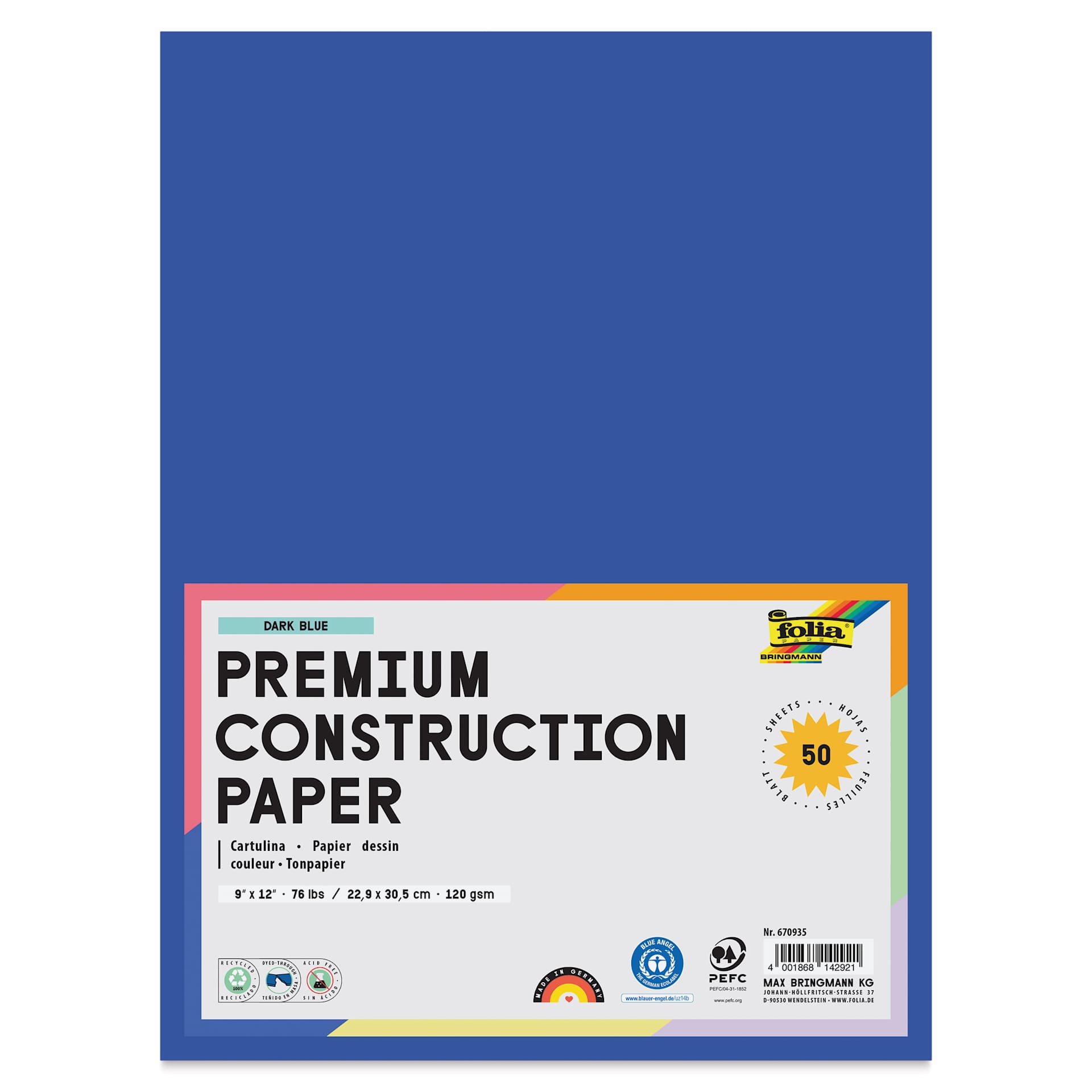 Folia Premium Construction Paper - Pkg of 50, Dark Blue, 9" x 12", front of packaging