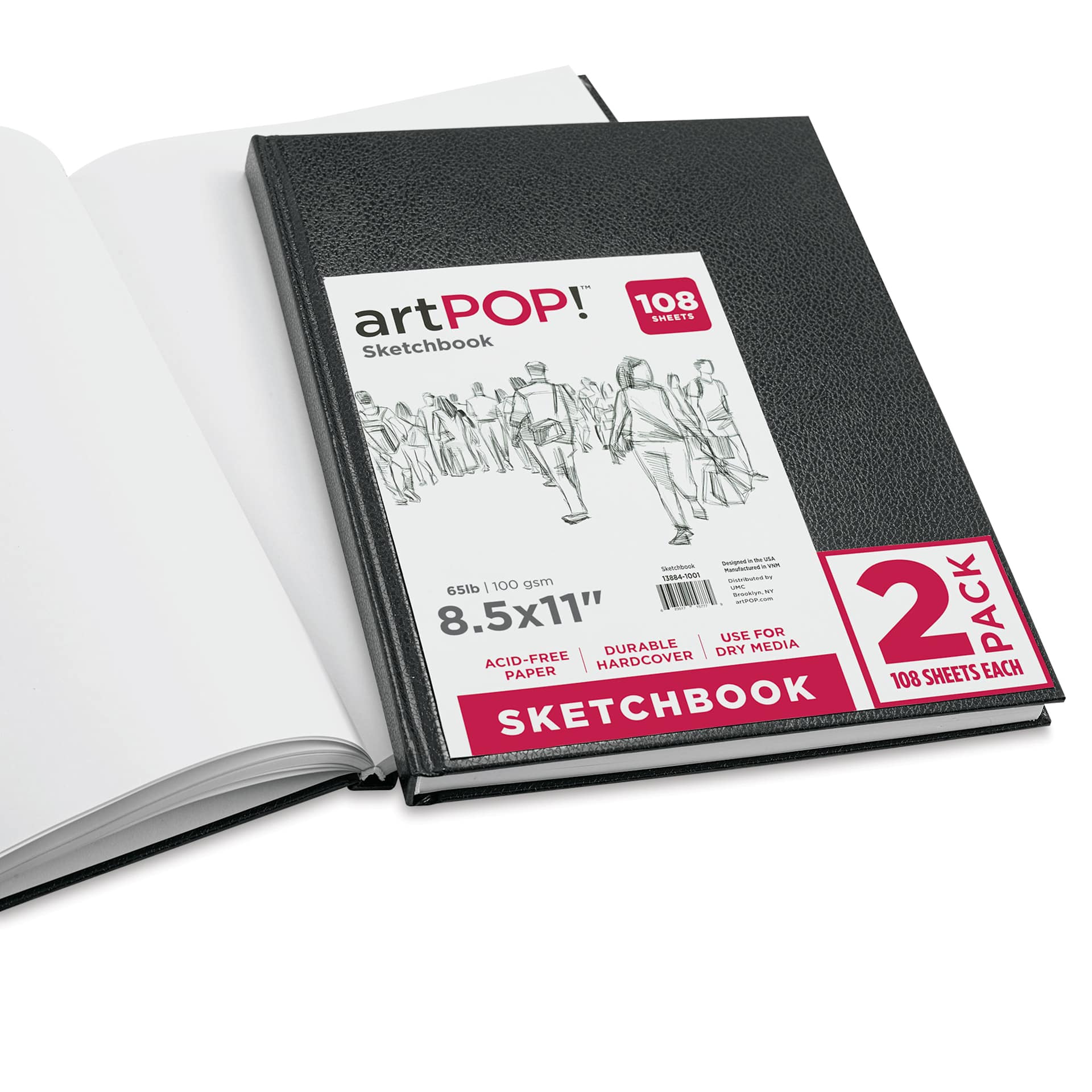 artPOP! Hardbound Sketchbooks - 8-1/2" x 11", Pkg of 2 (sketchbook with label on top of open sketchbook)