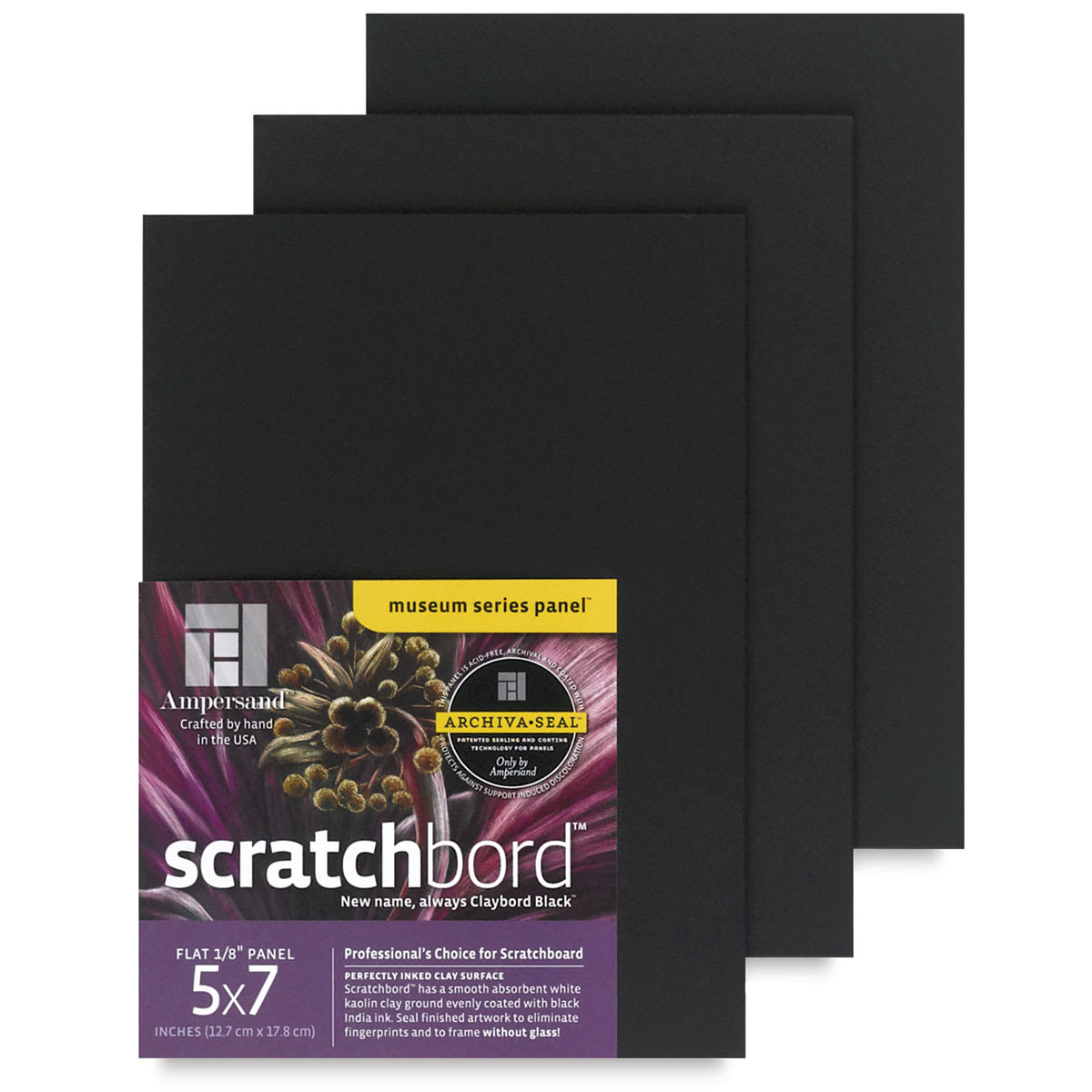 Ampersand Claybord Scratchbord Pack - 5" x 7", 1/8" Thick, Black, Pkg of 3