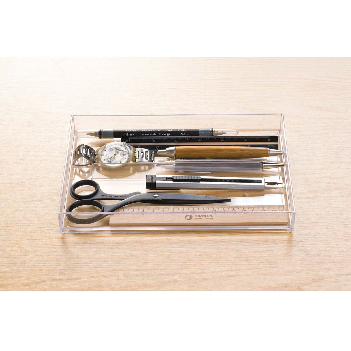 Like-It Stackable Tray - Large, 2 Divisions with office supplies. (not included)