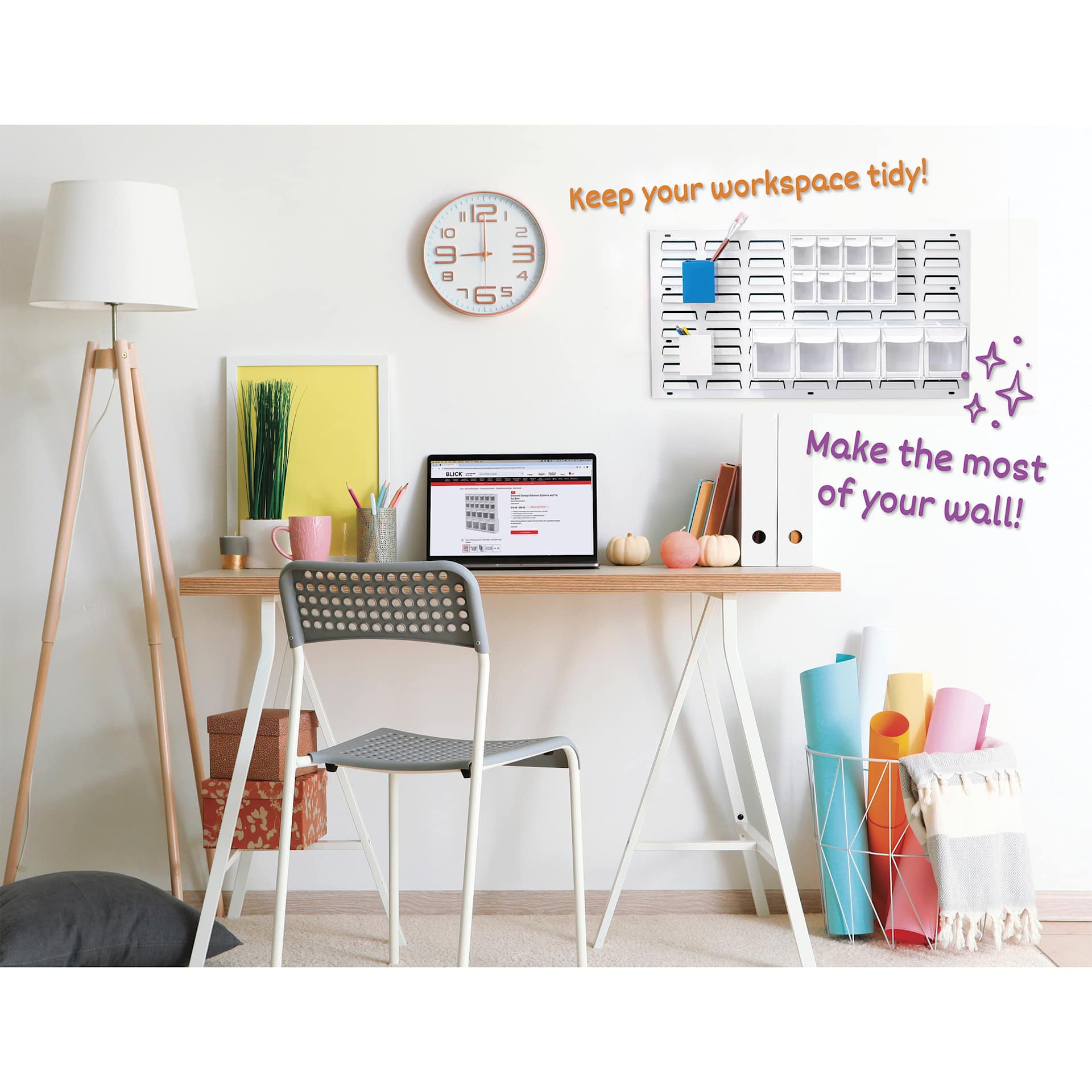 Diamond Storage Solutions Steel Louvered Panels shown on a wall above a desk