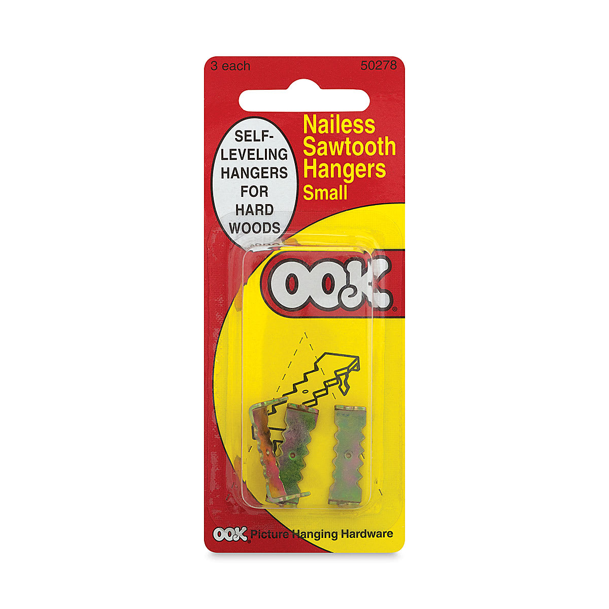 Ook Nailess Sawtooth Hangers - Front of blister package showing hangers
