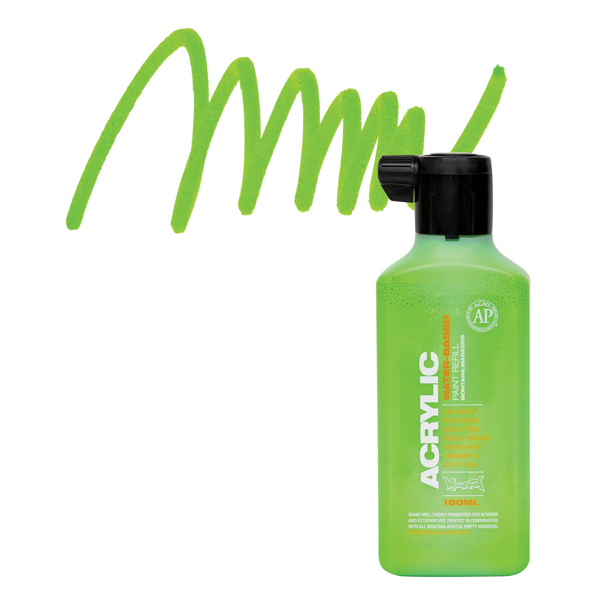 Montana Acrylic Marker Refill - 180 ml, Shock Green Light, Refill and swatch
