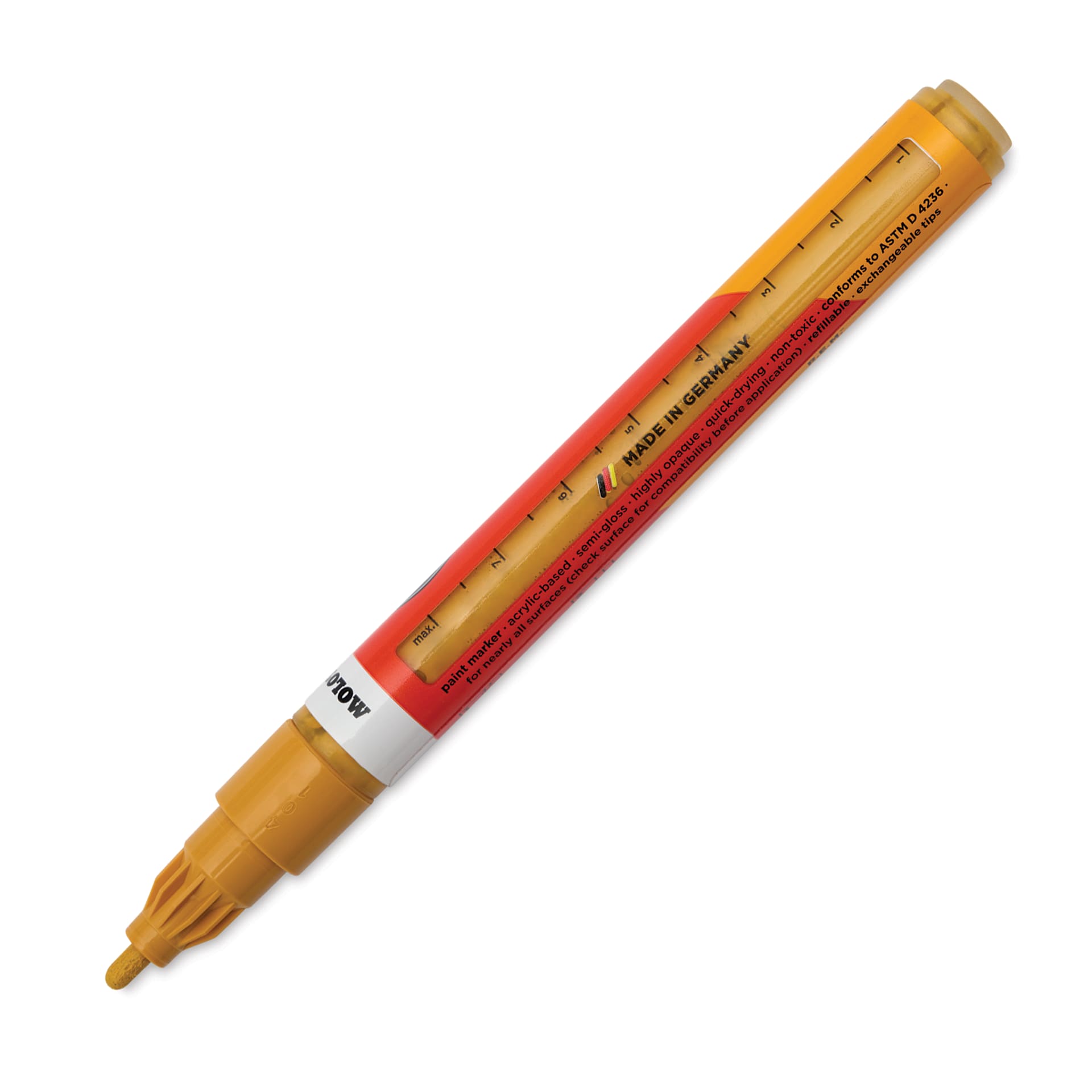 Molotow One4All Acrylic Marker - 2 mm Tip, Mustard Yellow, Bullet Tip, cap off showing ink
