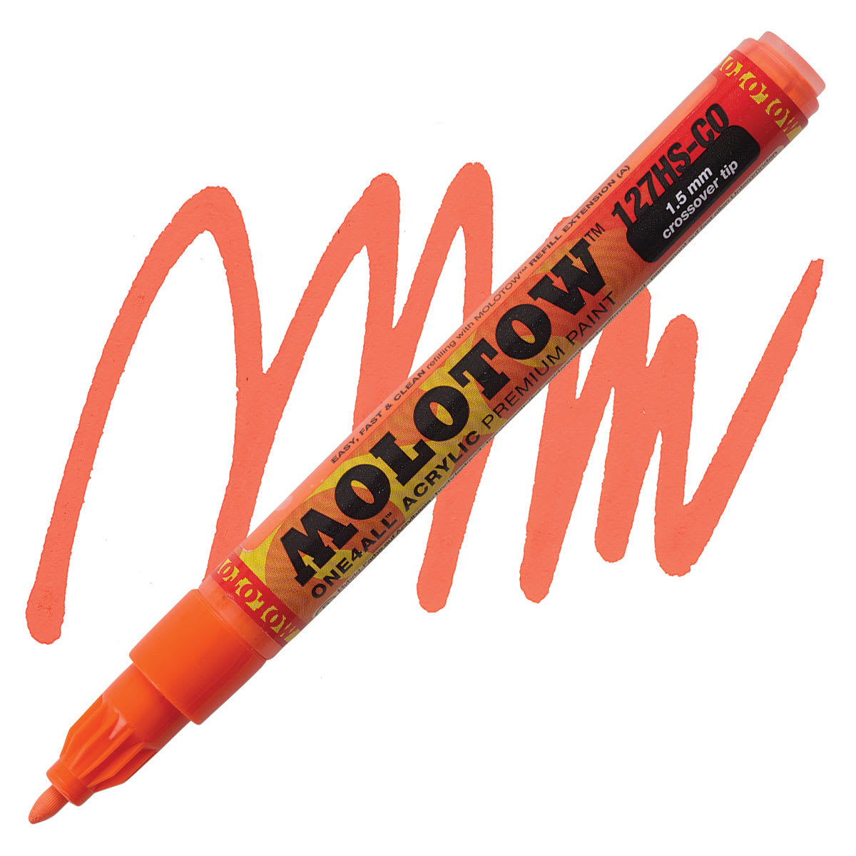 Molotow One4All Acrylic Marker - 2 mm Tip, Dare Orange, Bullet Tip marker and swatch