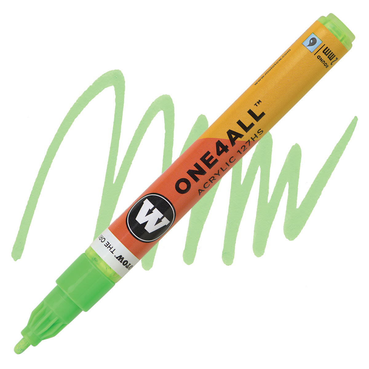 Molotow One4All Acrylic Marker - 2 mm Tip, Neon Green Fluorescent, Bullet Tip marker and swatch