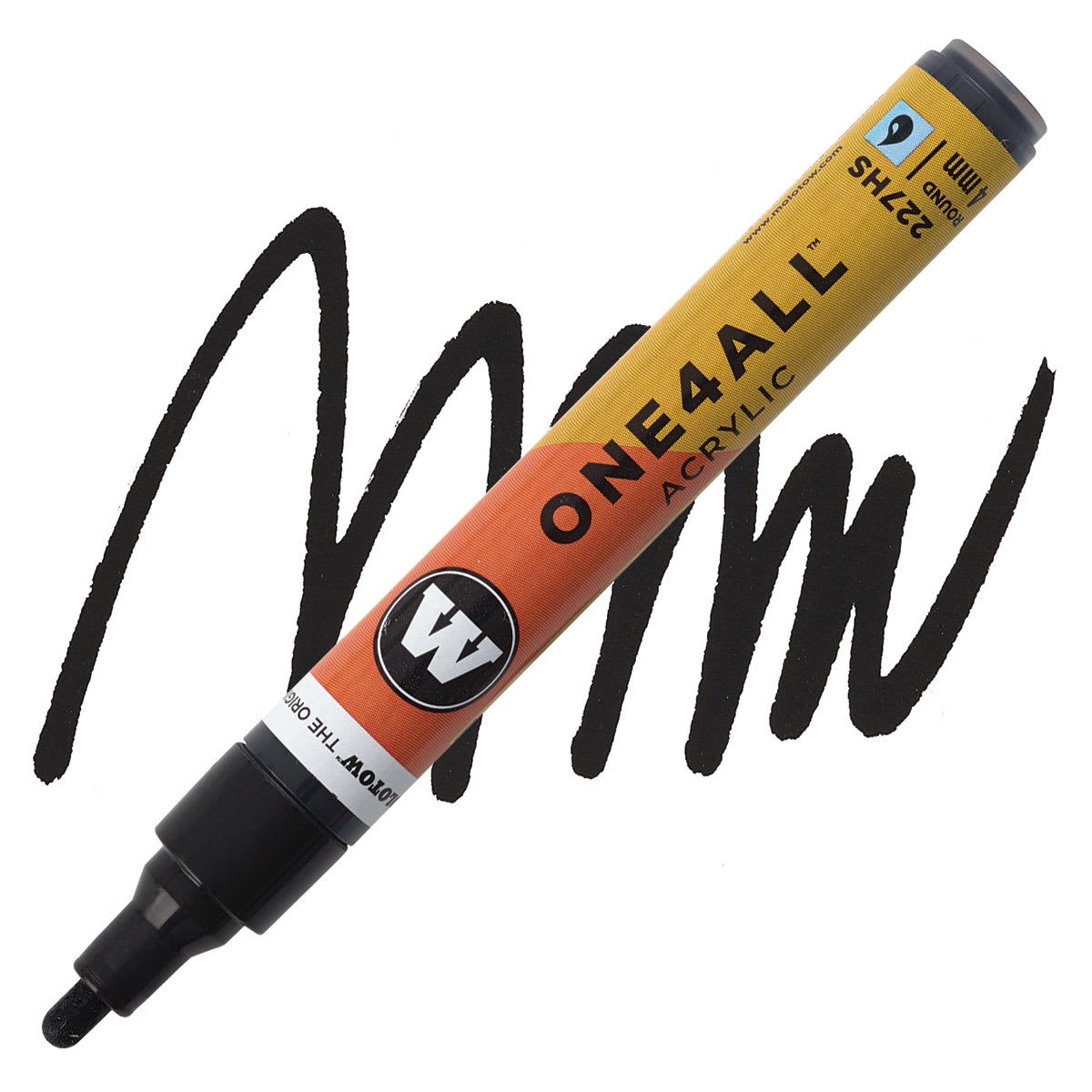 Molotow One4All Acrylic Marker - 4 mm Tip, Signal Black, Bullet Tip marker and swatch