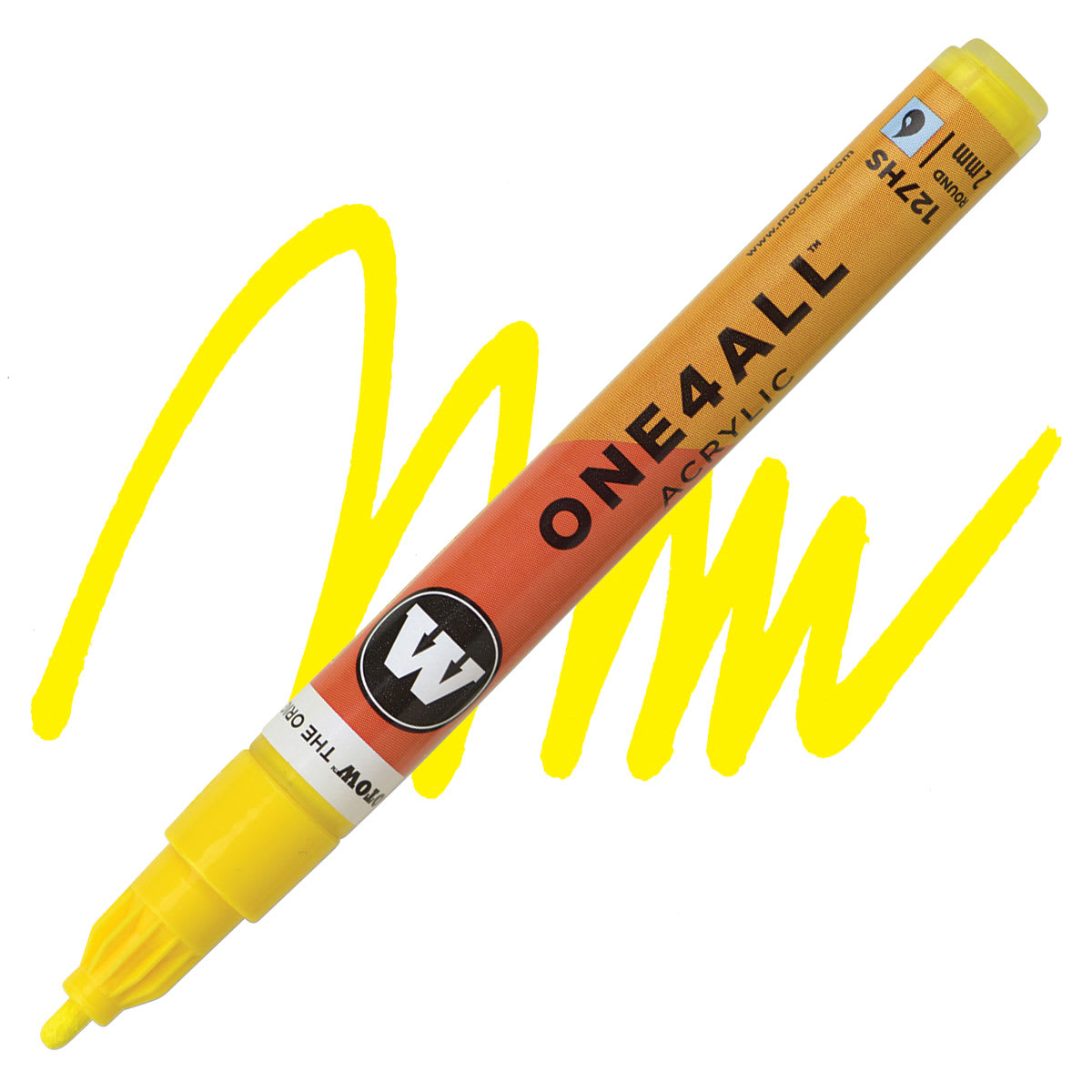 Molotow One4All Acrylic Marker - 2 mm Tip, Zinc Yellow, Bullet Tip marker and swatch