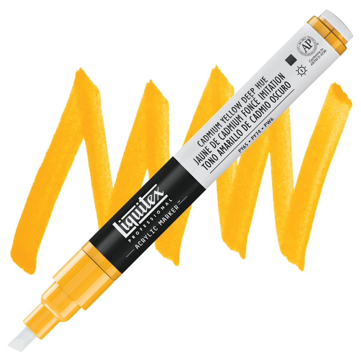 Liquitex Paint Marker - Cadmium Yellow Deep Hue, 2mm Tip marker and swatch