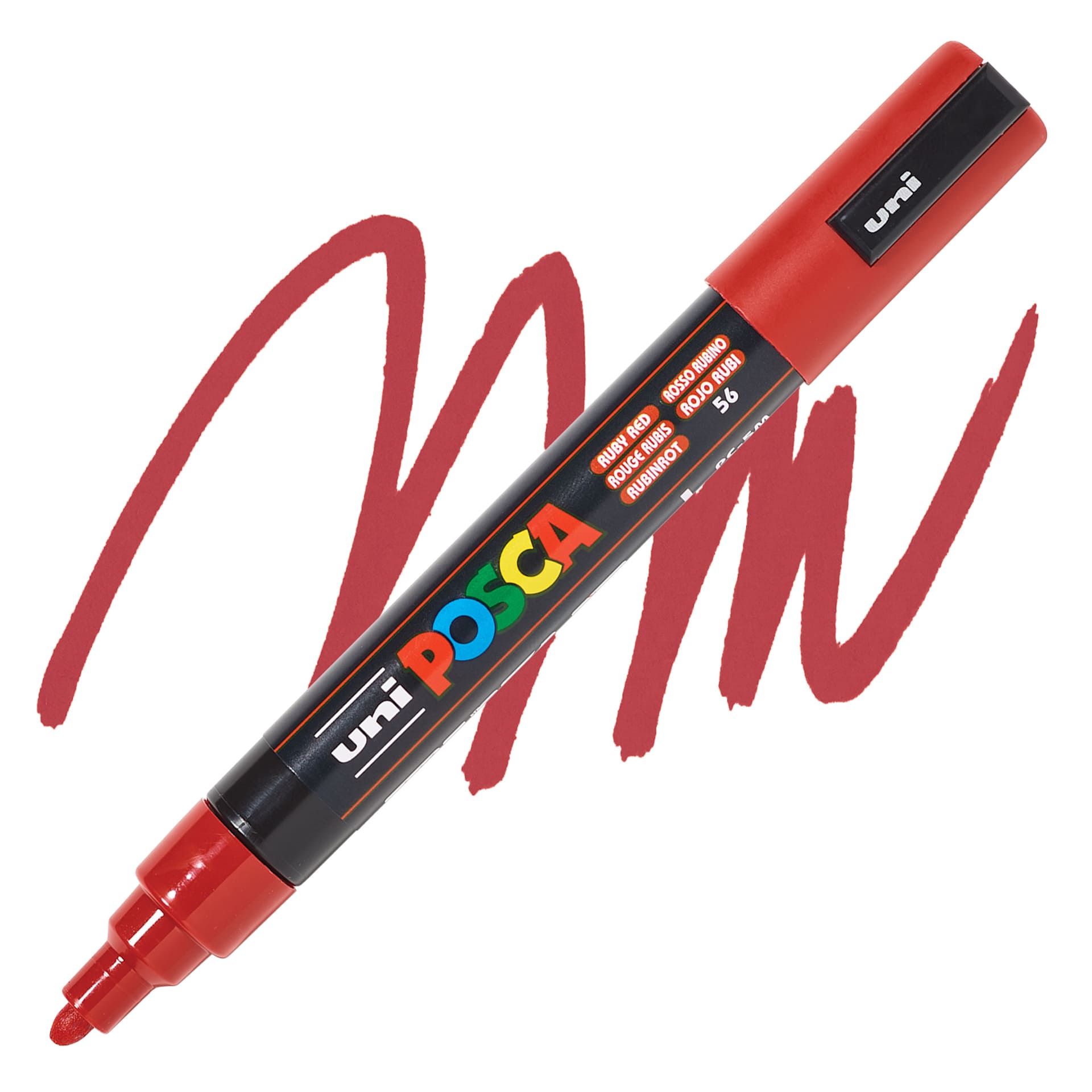 Posca Paint Marker - Ruby Red, Bullet Tip, 2.5 mm - swatch and marker