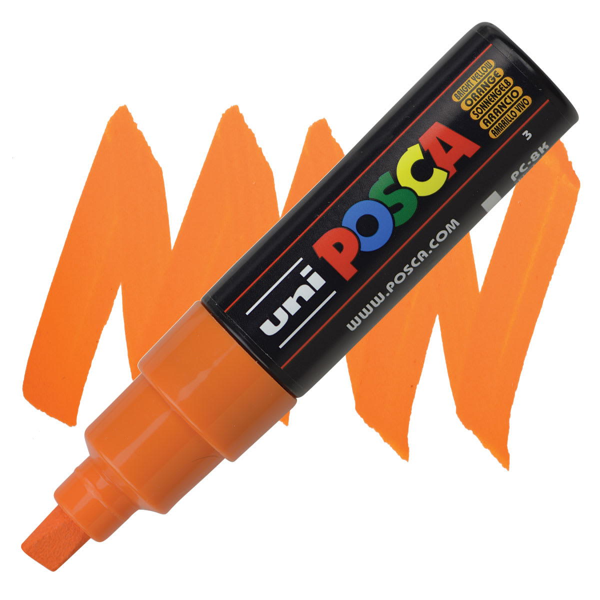 Posca Paint Marker - Bright Yellow, Broad Chisel Tip, 8 mm marker and swatch