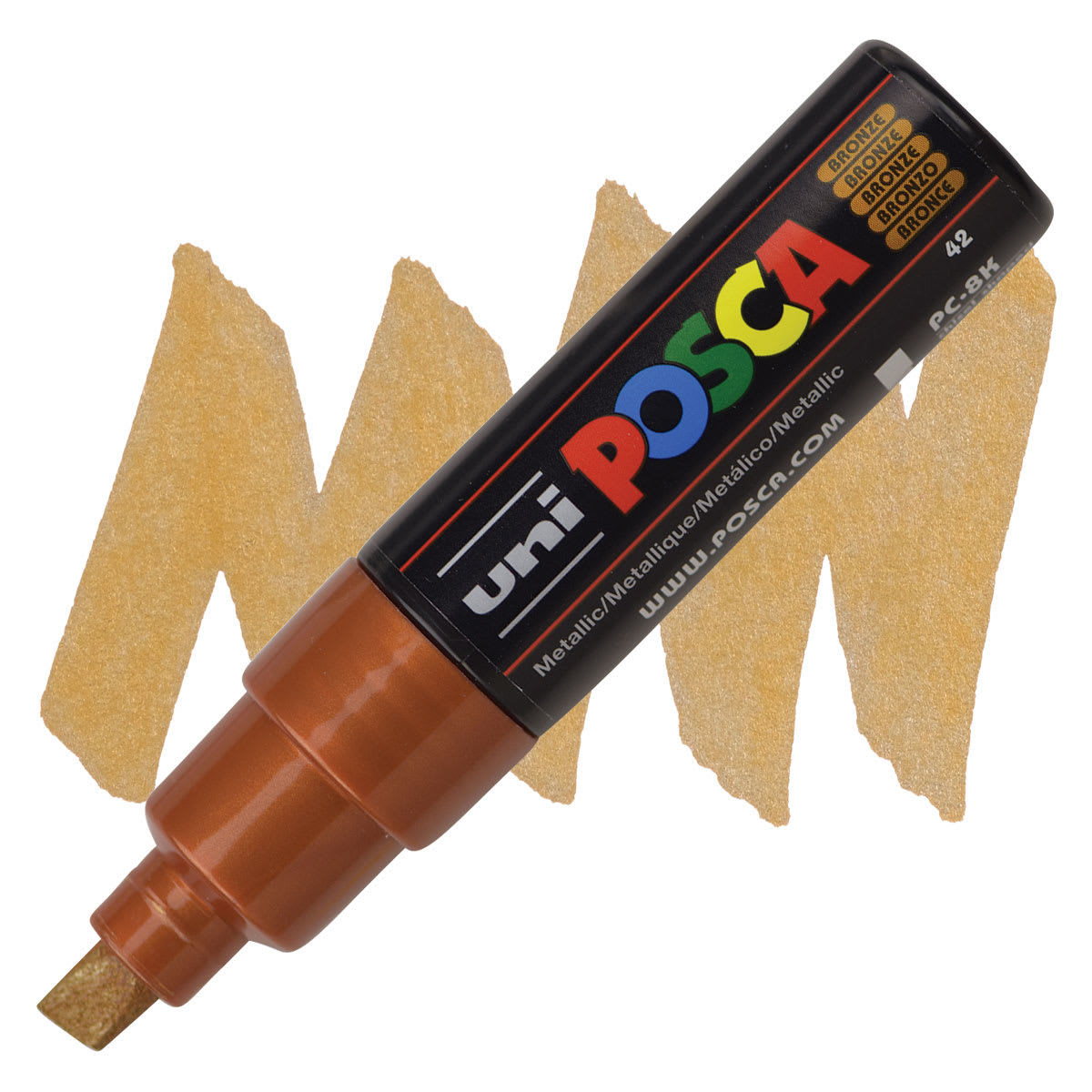 Posca Paint Marker - Bronze, Broad Chisel Tip, 8 mm marker and swatch