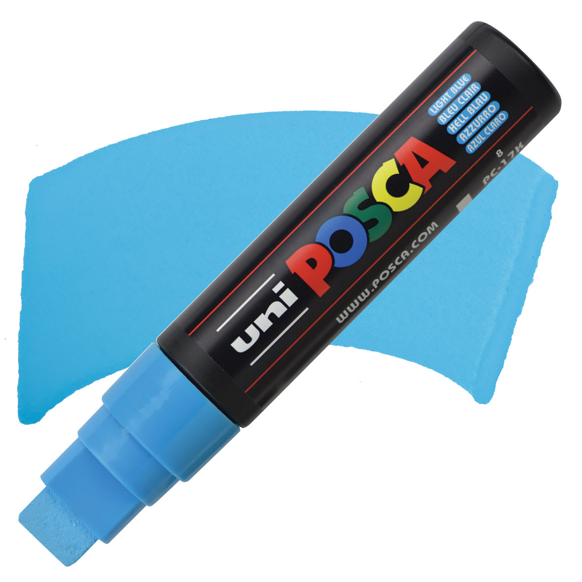 Posca Paint Marker - Light Blue, Extra Broad Chisel, 15 mm - marker and swatch
