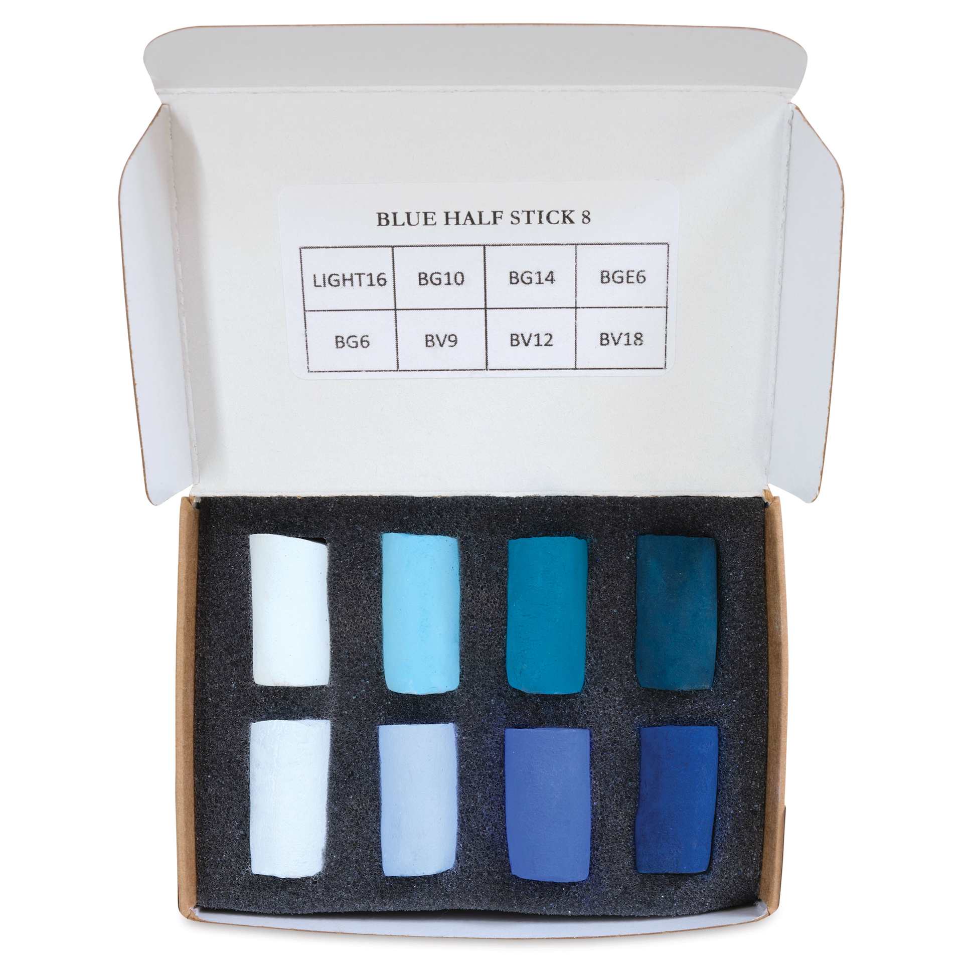 Unison Handmade Pastel Set - Blue Colors, Set of 8, Half Stick (top-view of contents)