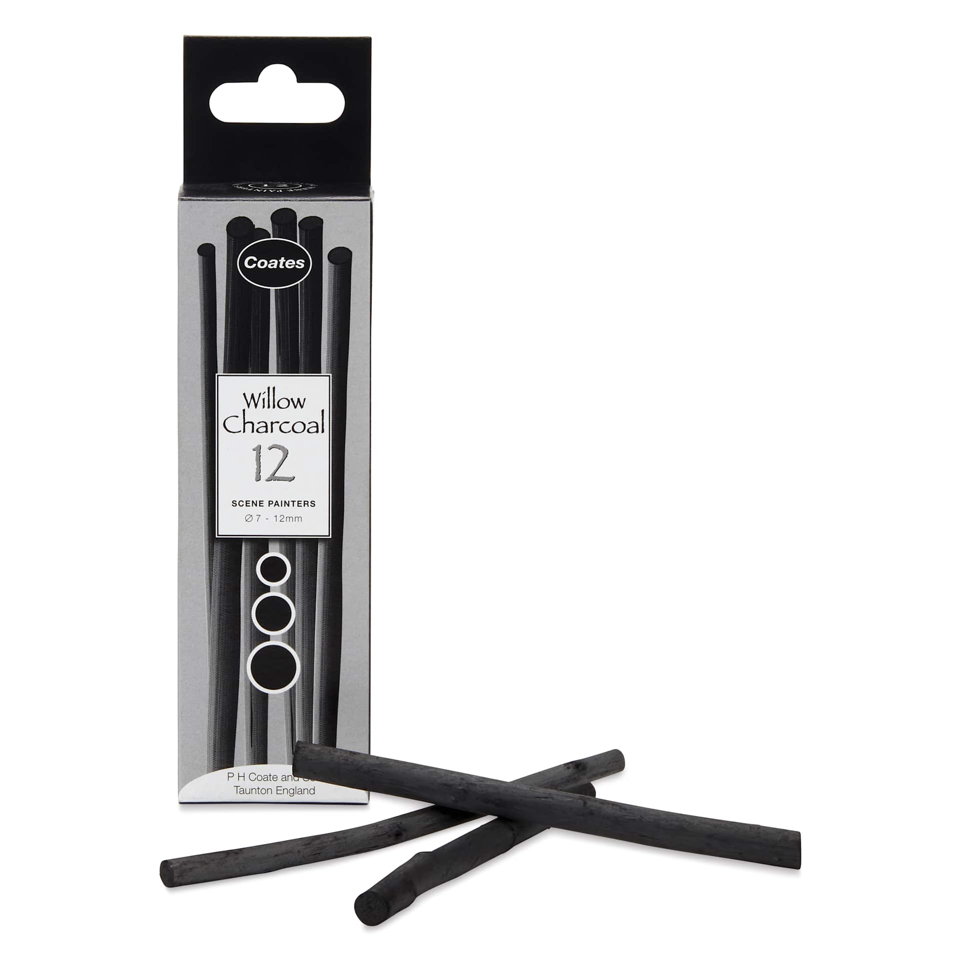 Coates Premium Artist's Willow Charcoal - Scene Painters, Assorted, Box of 12, with packaging