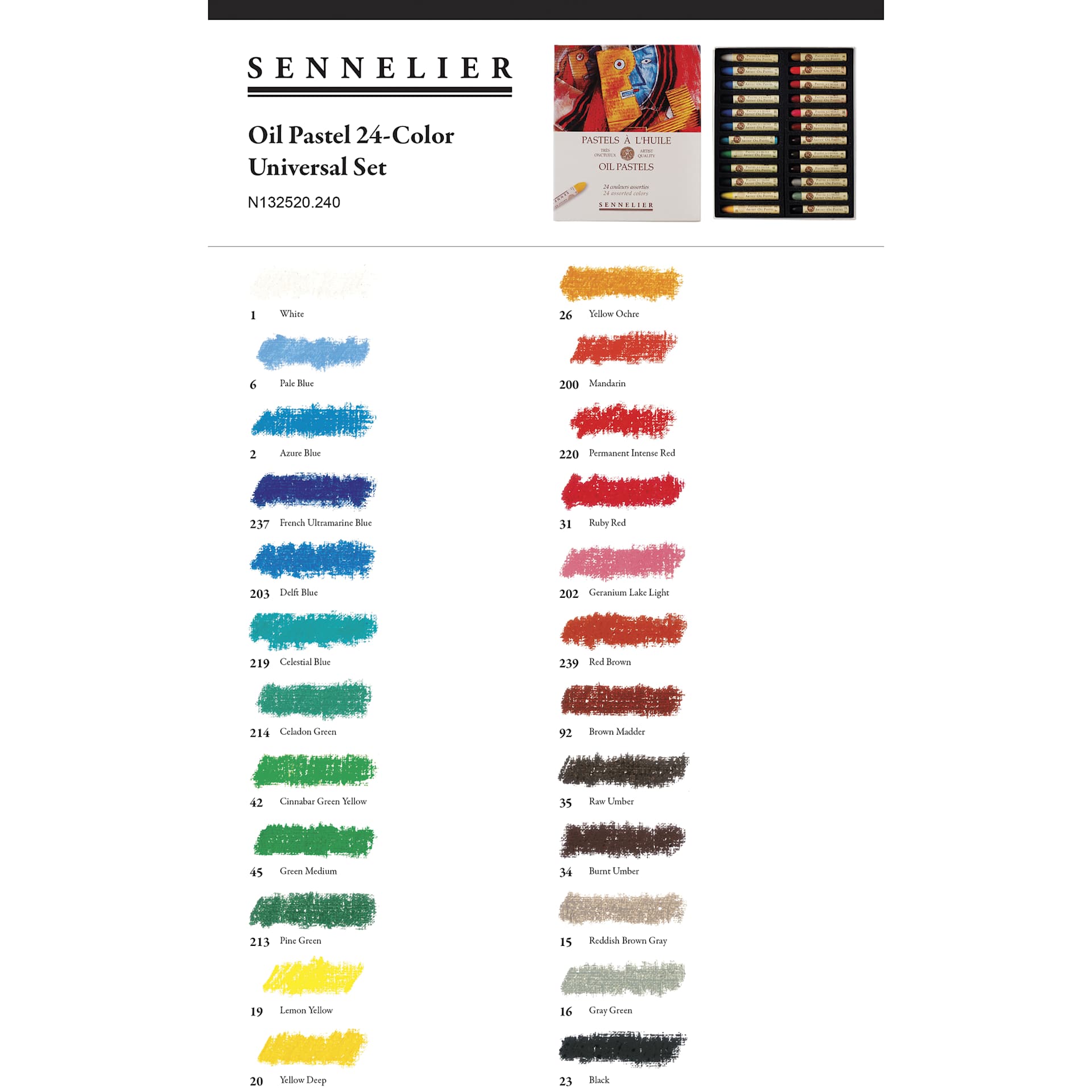Sennelier Oil Pastel Set - Assorted Colors, Set of 24 - color chart