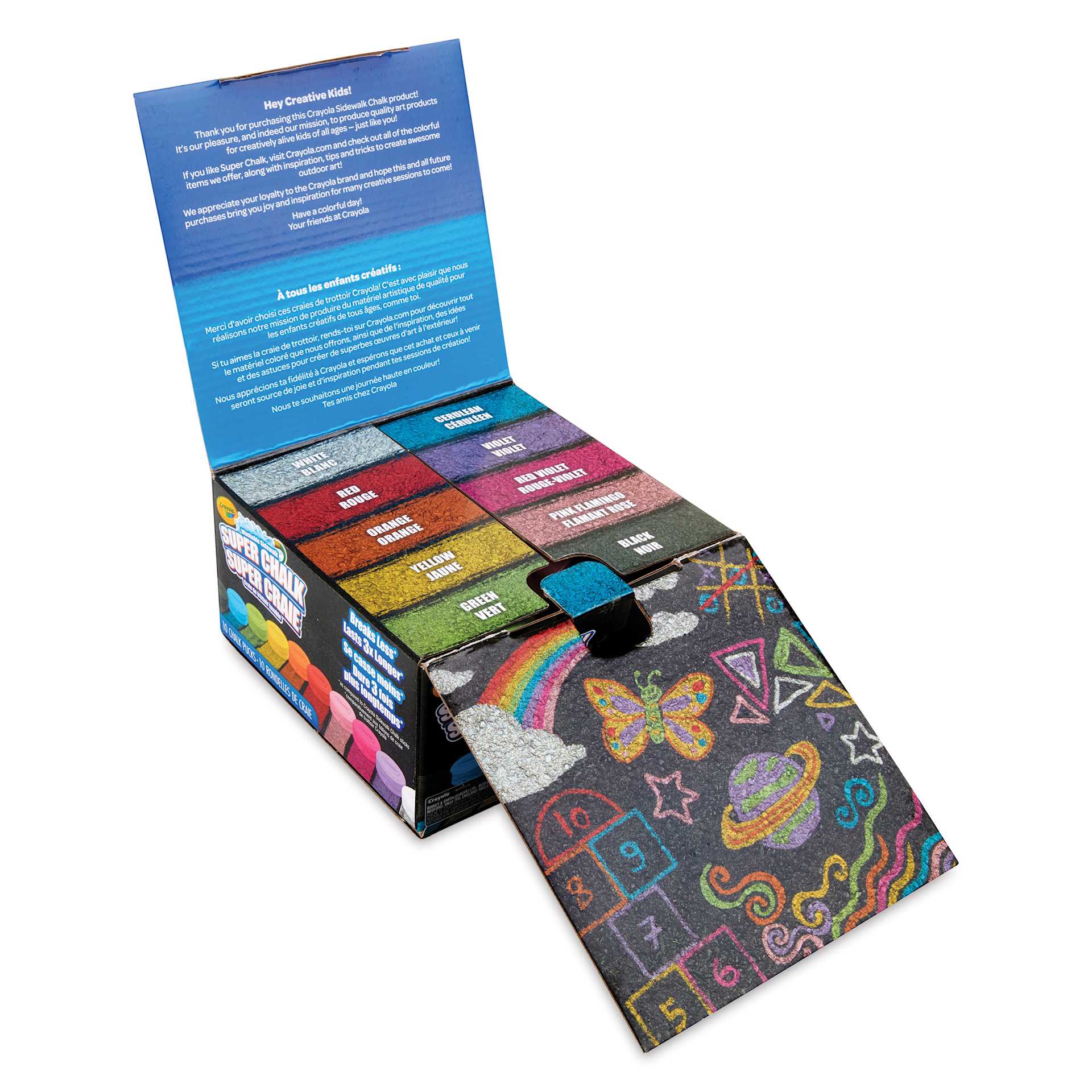 Crayola Washable Sidewalk Super Chalk - Puck Chalk, Set of 10, box lid opened showing color chart