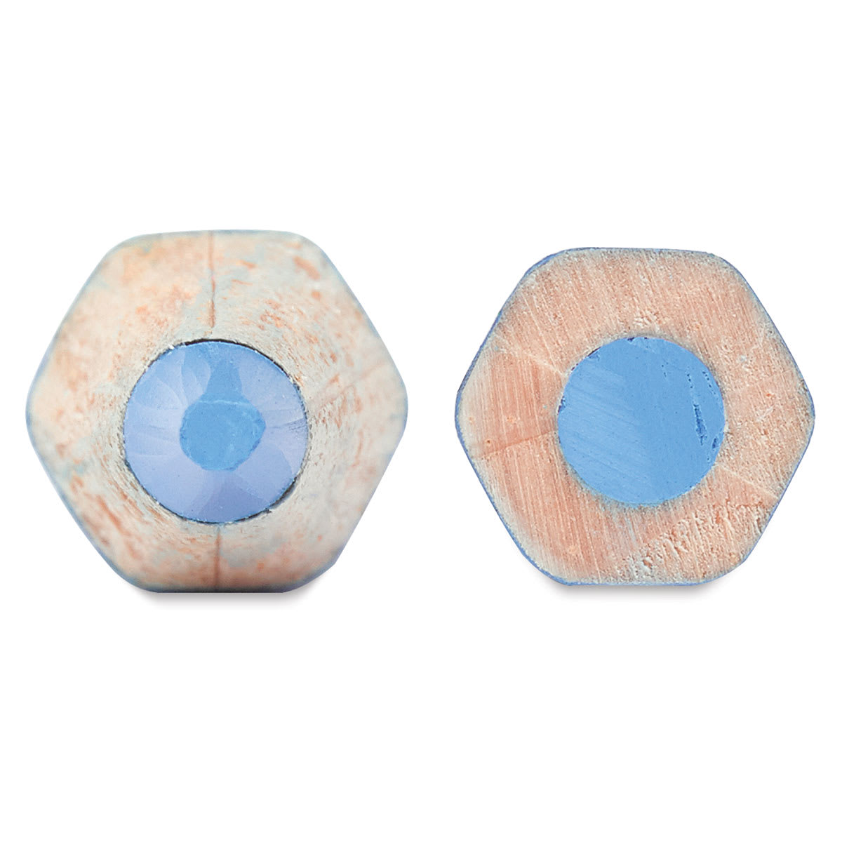 Jolly Superstick Colored Pencil Sets - Cross section of 2 blue pencils showing superior gluing