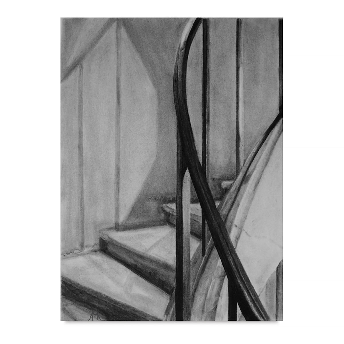 General's Charcoal Pencils - Charcoal drawing of curved stairway with railing.  