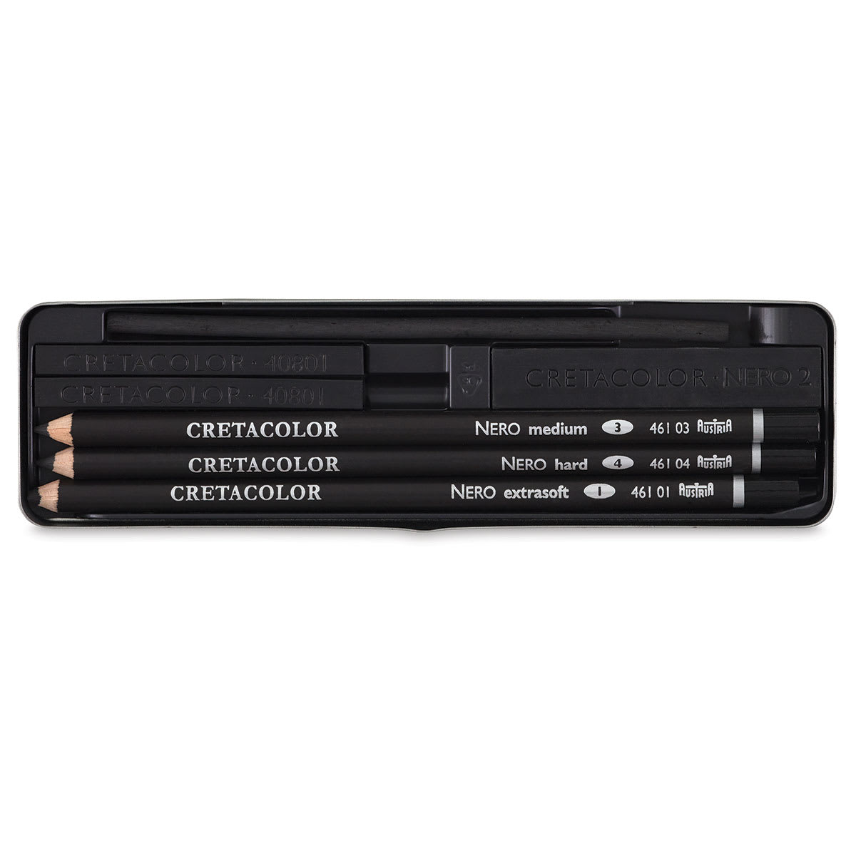 Cretacolor Nero Deep Black Pencils and Set - Components of set shown in storage tray
