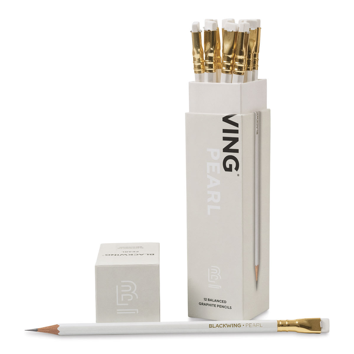 Blackwing Pencils - Pearl White, Pkg of 12, one pencil laid out in front of the opened package