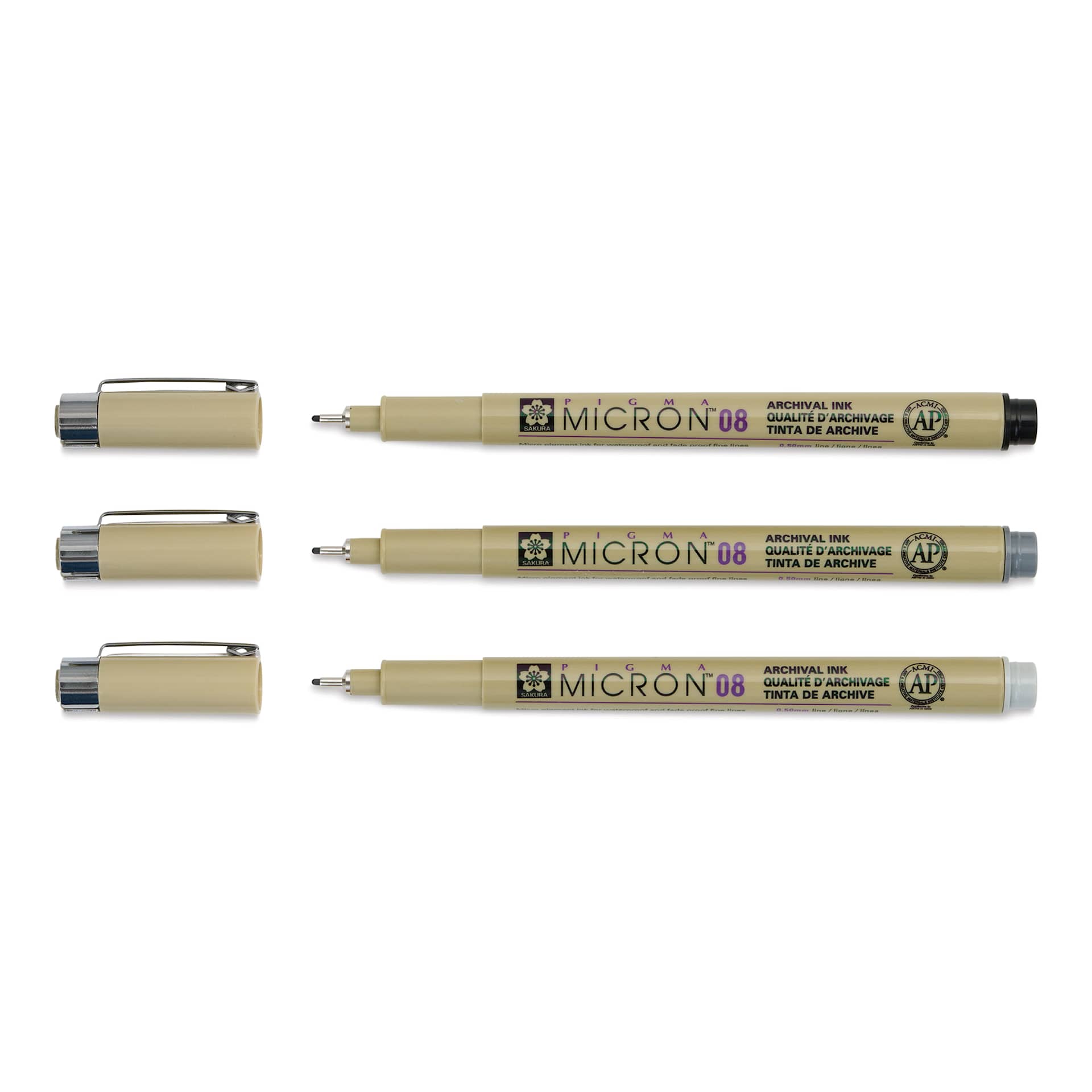 Sakura Pigma Micron Pens - Set of 3, Black and Gray, 08 (set contents with caps off)