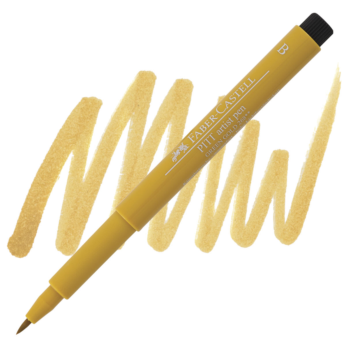 Faber-Castell Pitt Artist Pen - Green Gold, Brush Nib pen and swatch