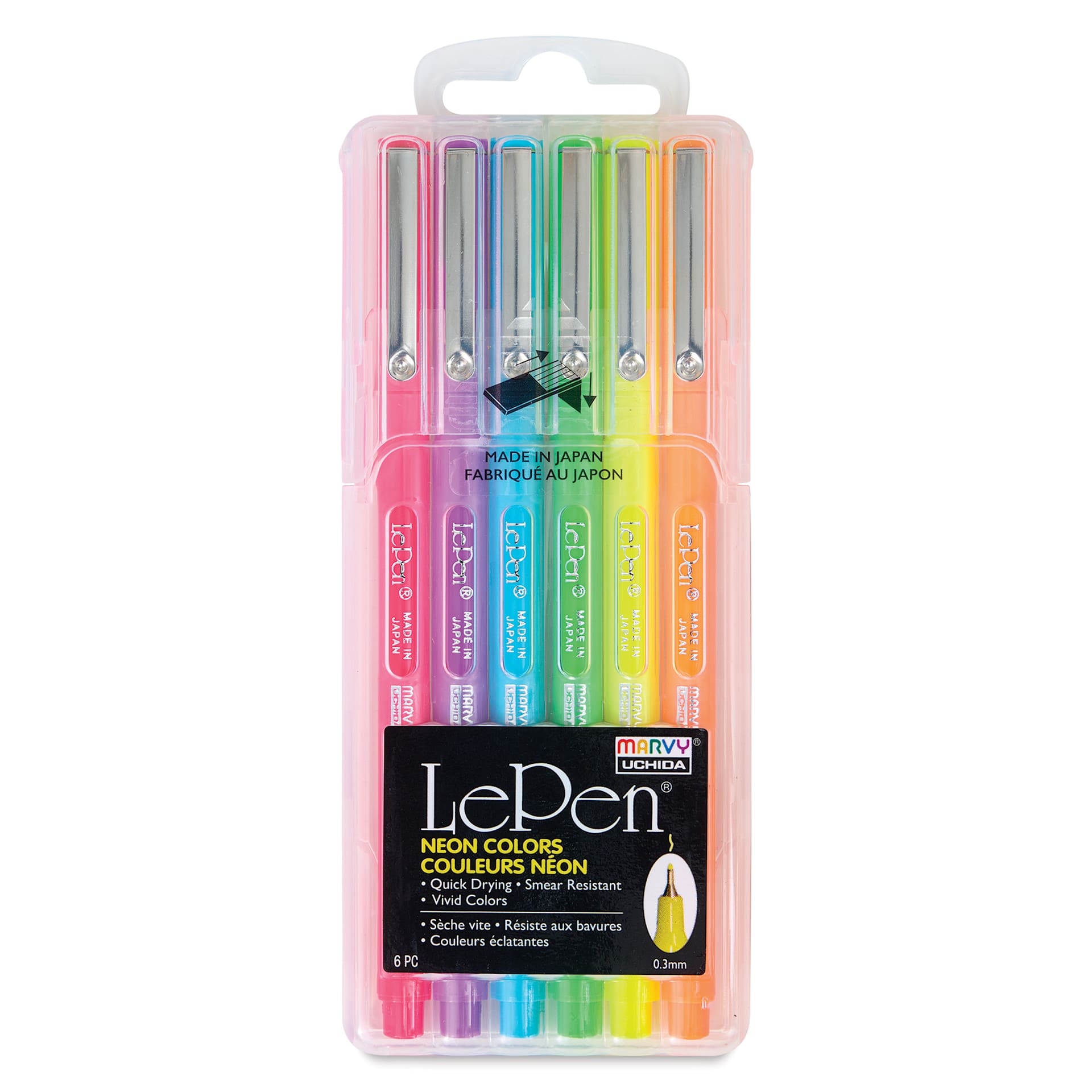 Marvy Uchida LePen Fine Line Marker Set  - Neon Colors, Set of 6, front of the packaging