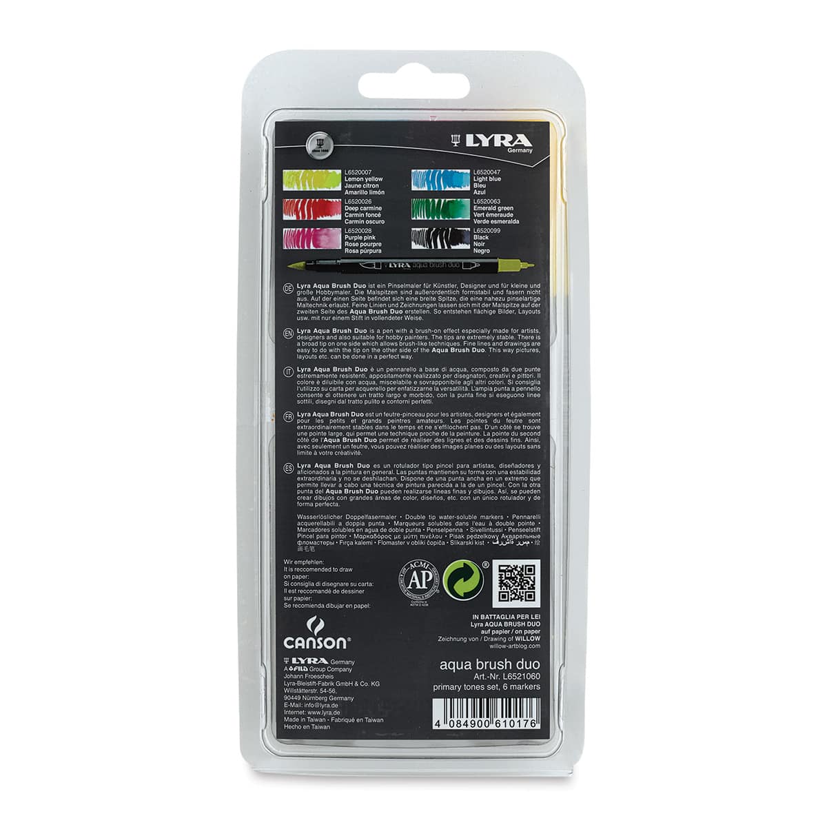 Lyra Aqua Brush Duo Markers - Primary Colors, Set of 6 (back of package)