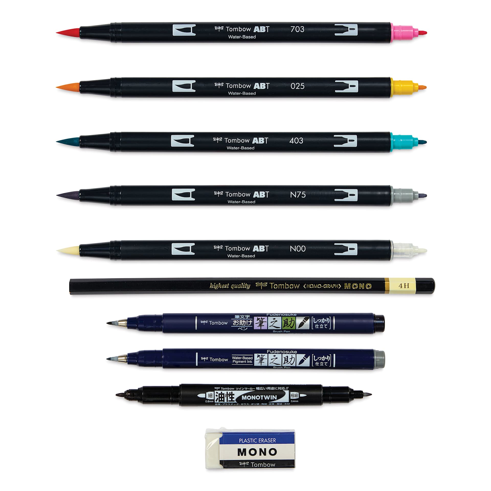 Tombow Lettering in Color Set, pens and markers with caps off, contents outside of the packaging