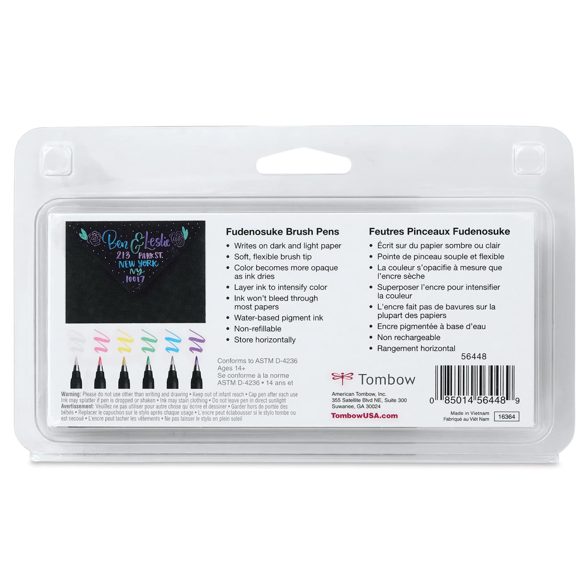 Tombow Fudenosuke Brush Pens - Set of 6, Pastel Colors (back of packag)