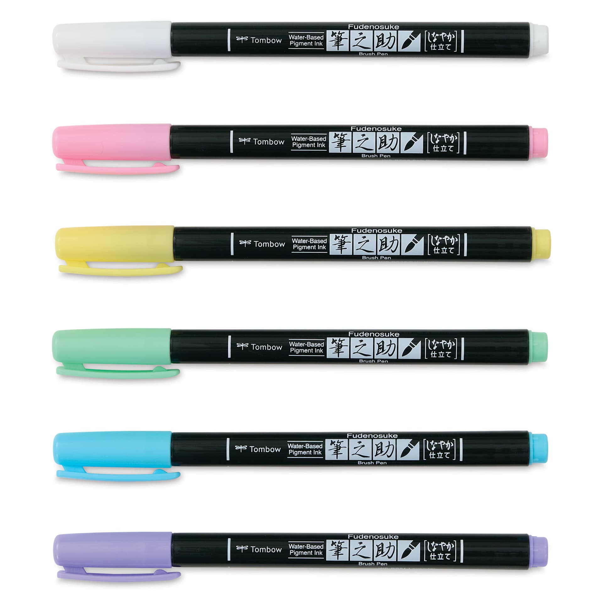 Tombow Fudenosuke Brush Pens - Set of 6, Pastel Colors (markers with caps on)