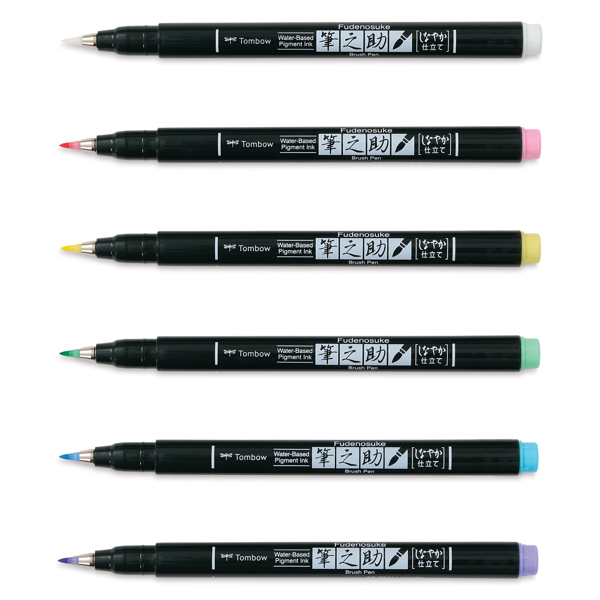 Tombow Fudenosuke Brush Pens - Set of 6, Pastel Colors (markers with caps off)