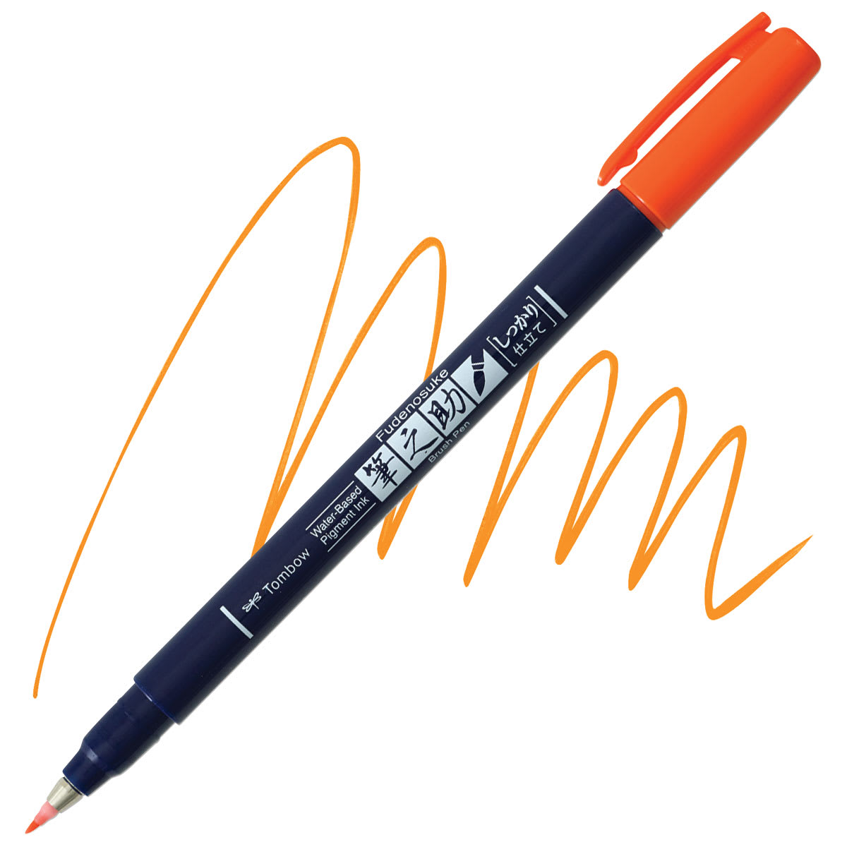 Tombow Fudenosuke Brush Pen - Orange, Hard Tip pen and swatch