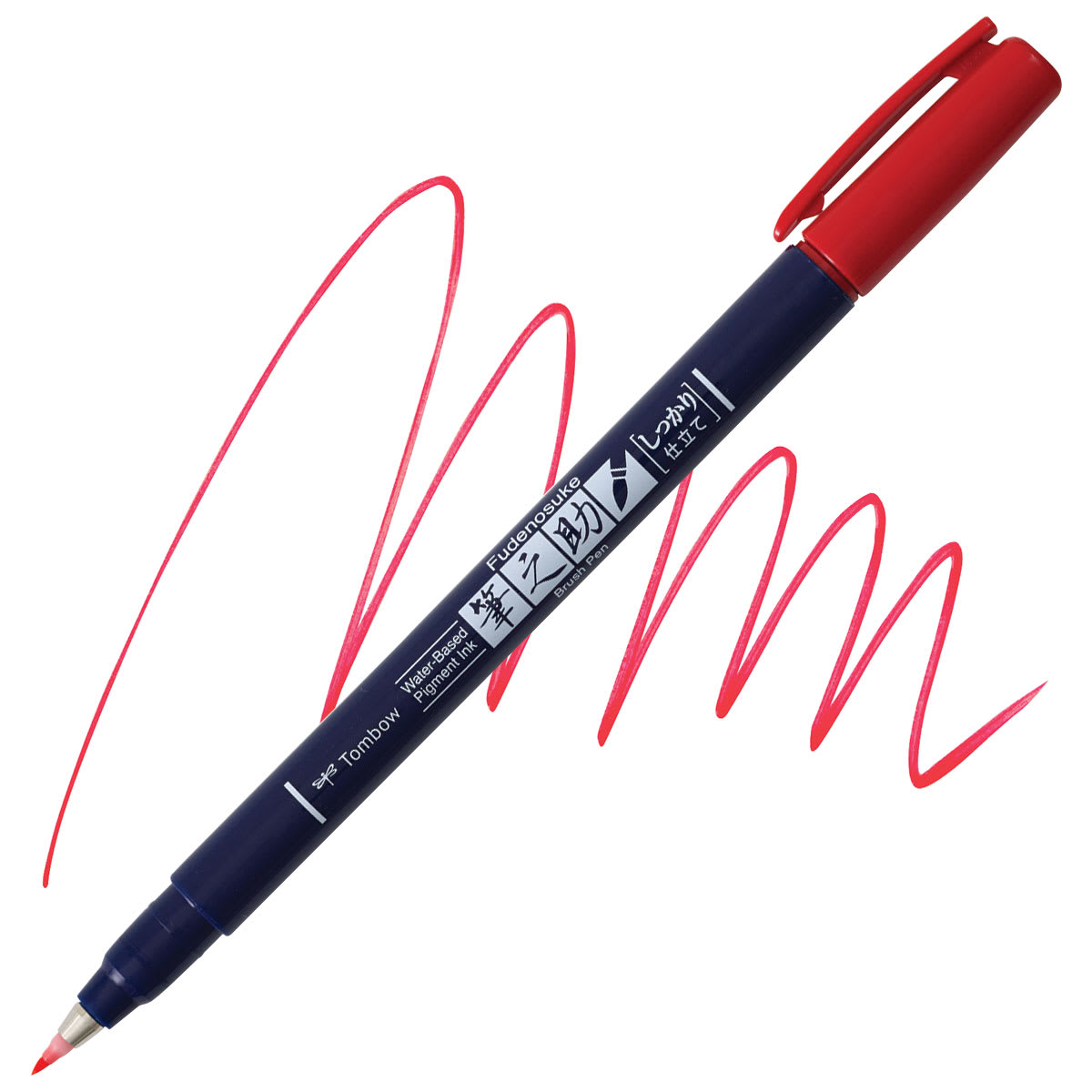 Tombow Fudenosuke Brush Pen - Red, Hard Tip pen and swatch