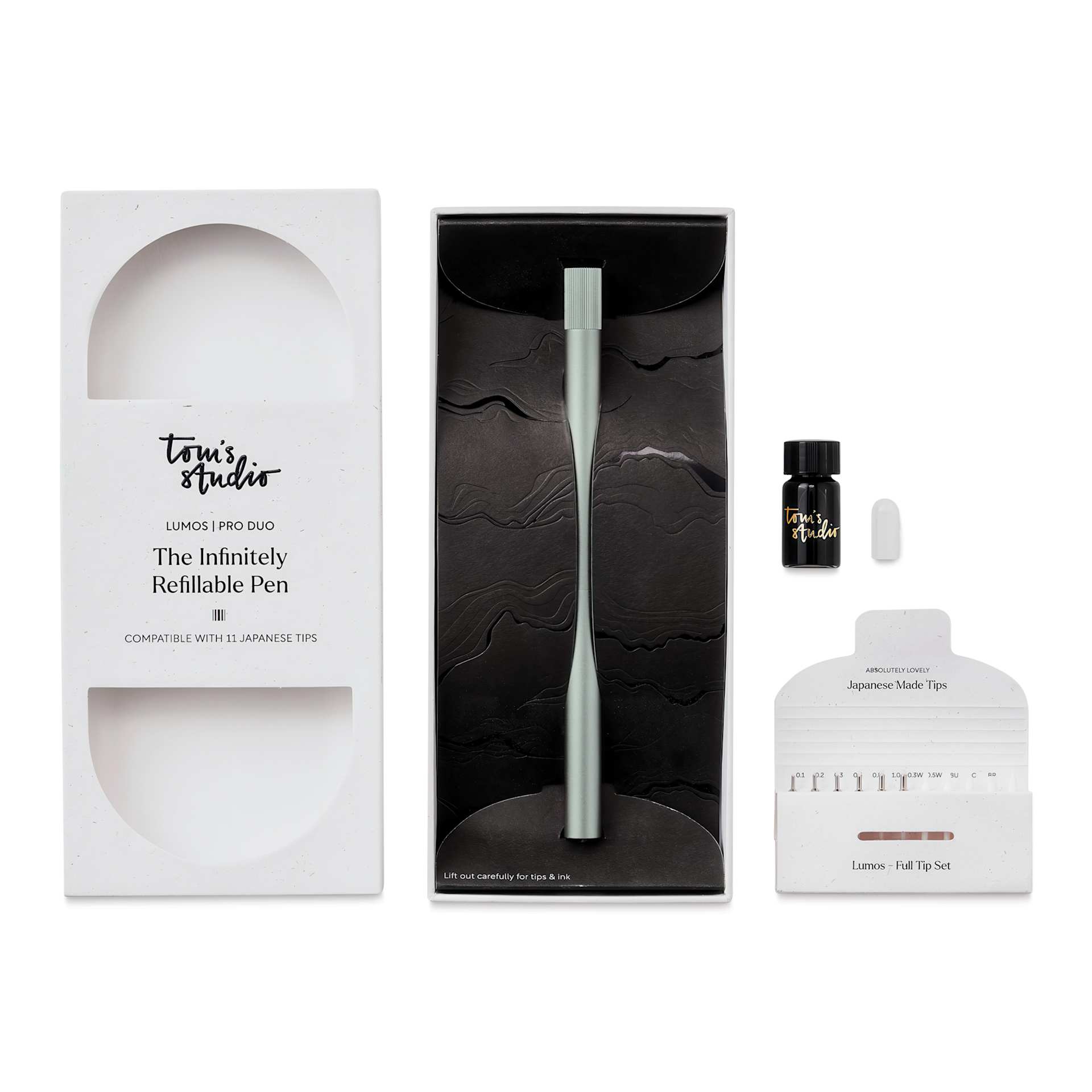 Tom's Studio Lumos Pro Refillable Dual Tip Pen Set - Sage, pen in packaging and contents laid out