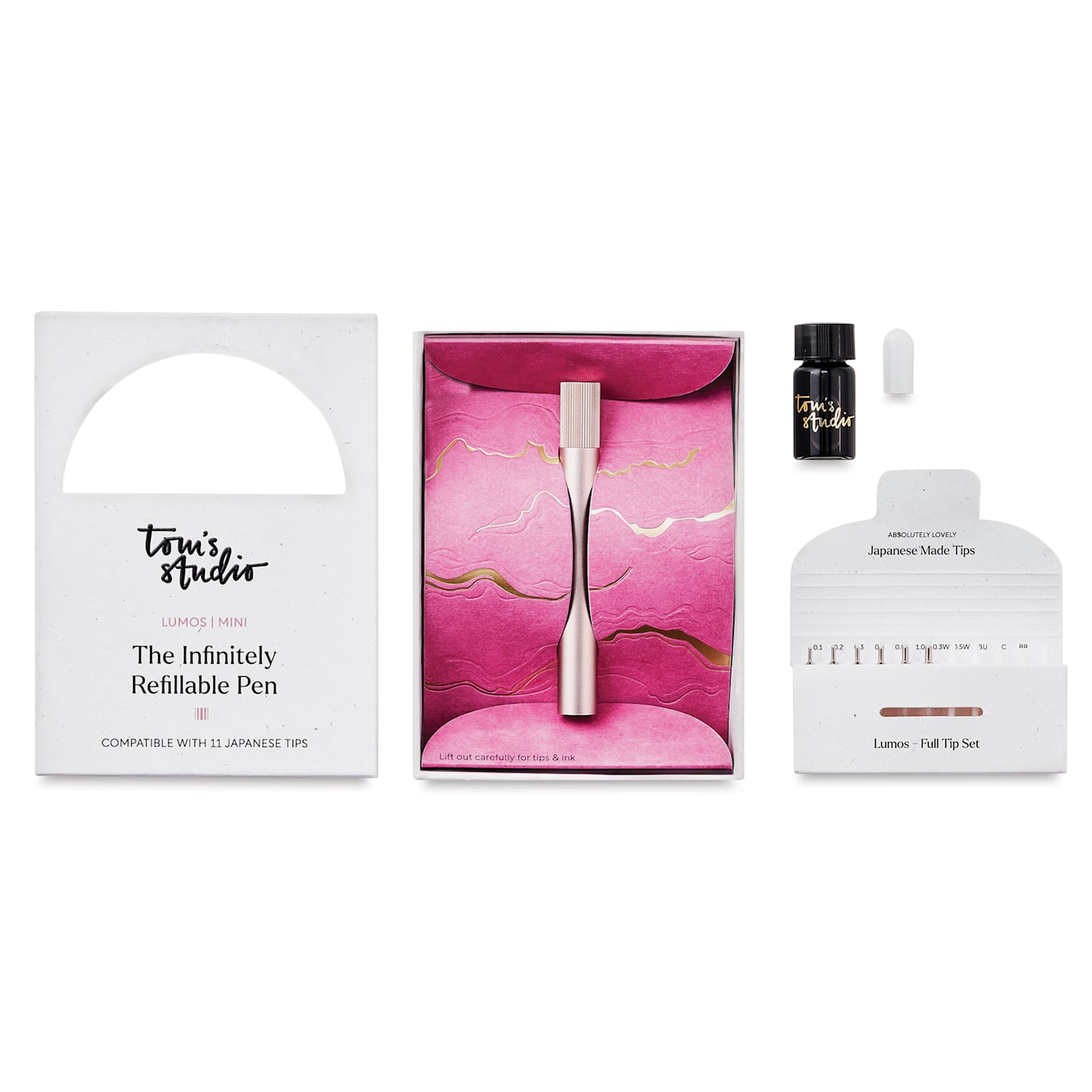 Tom's Studio Lumos Mini Refillable Pen - Blush, packaging and contents

